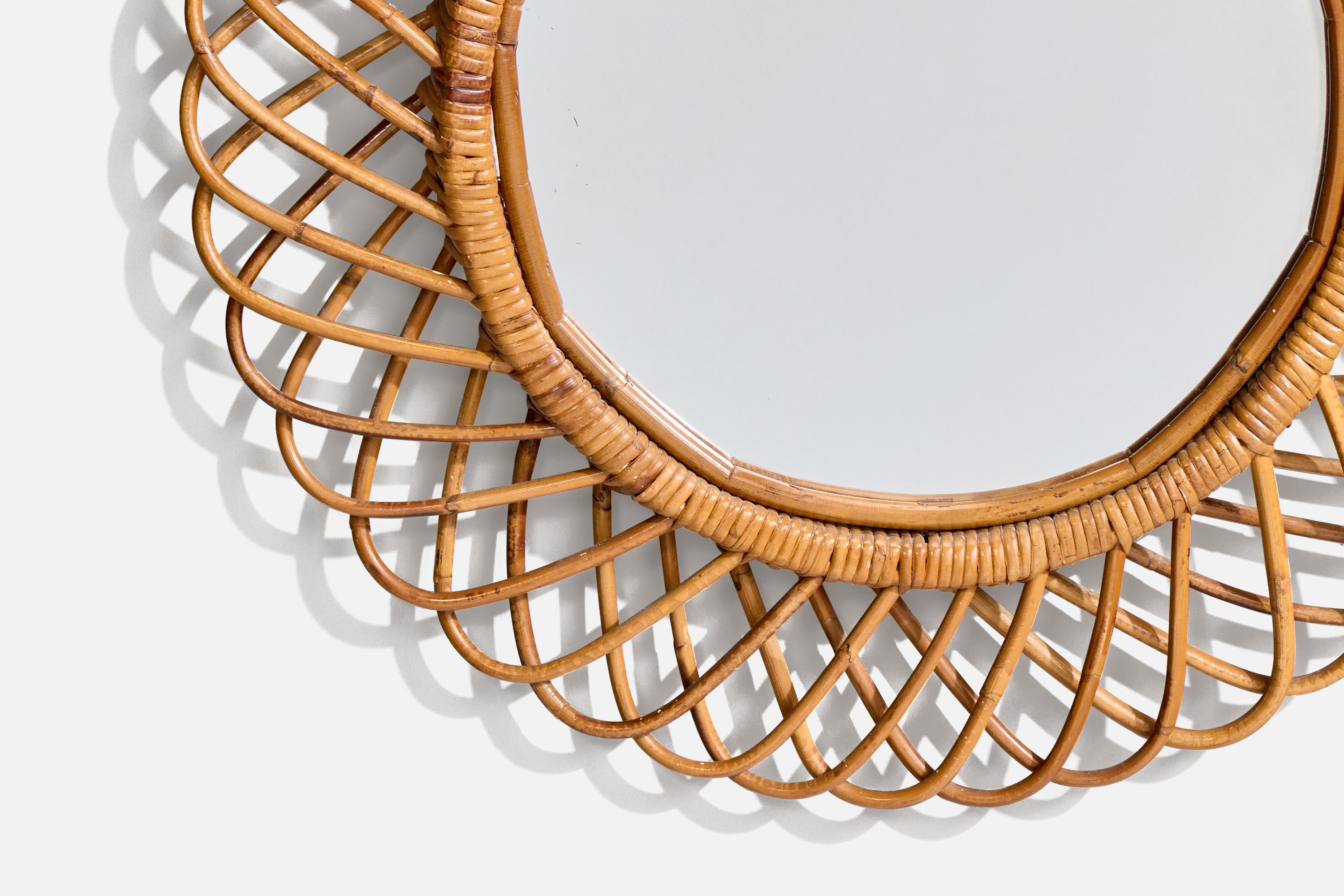 Metà XX secolo Specchio di design italiano, bambù, rattan, vetro a specchio, Italia, anni '50 in vendita