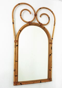 Large Rattan Bamboo Wall Mirror with Scroll Top, Italian Designer, 1950s