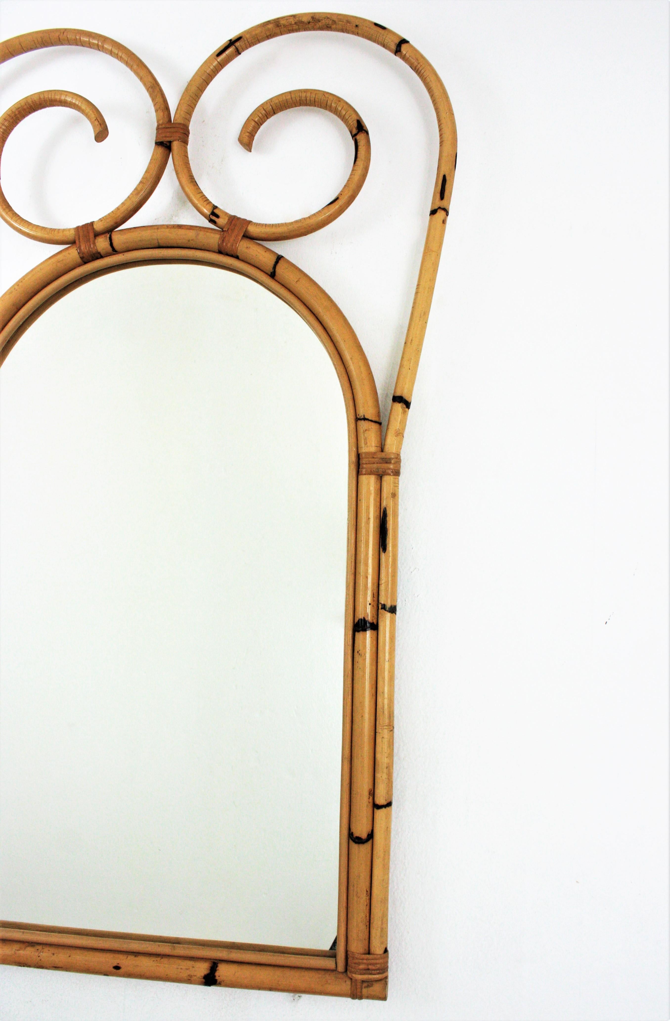 Mid-Century Modern Large Rattan Bamboo Wall Mirror with Scroll Top, Italian Designer, 1950s For Sale