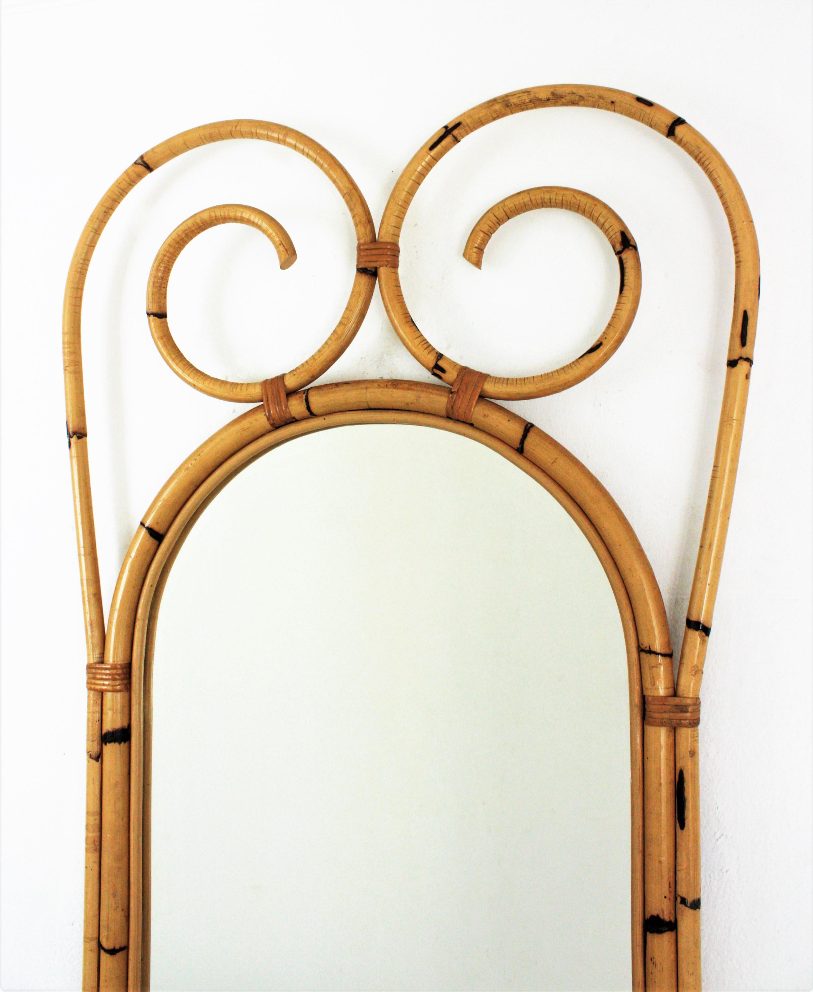 Hand-Crafted Large Rattan Bamboo Wall Mirror with Scroll Top, Italian Designer, 1950s For Sale