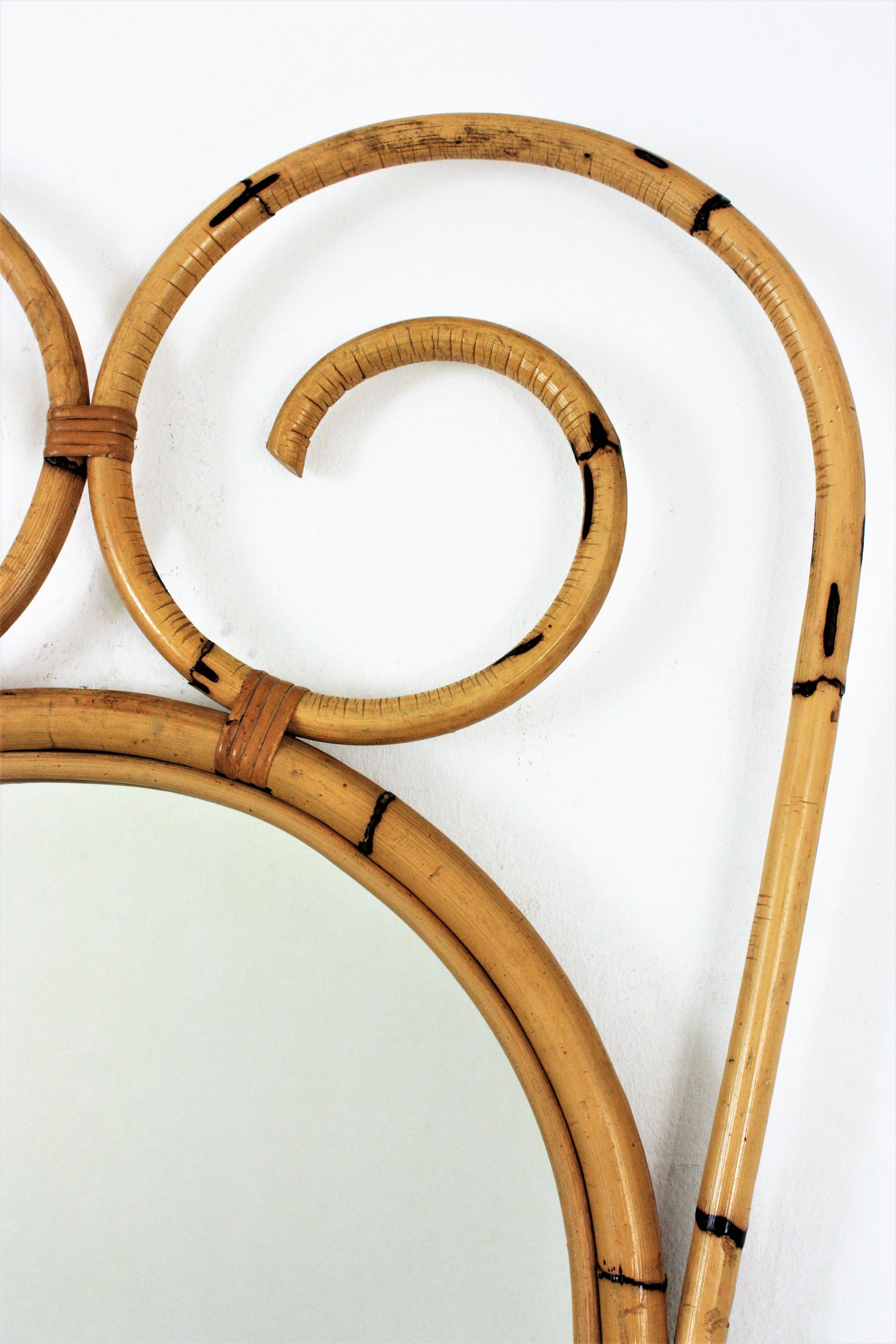 Large Rattan Bamboo Wall Mirror with Scroll Top, Italian Designer, 1950s In Good Condition For Sale In Barcelona, ES