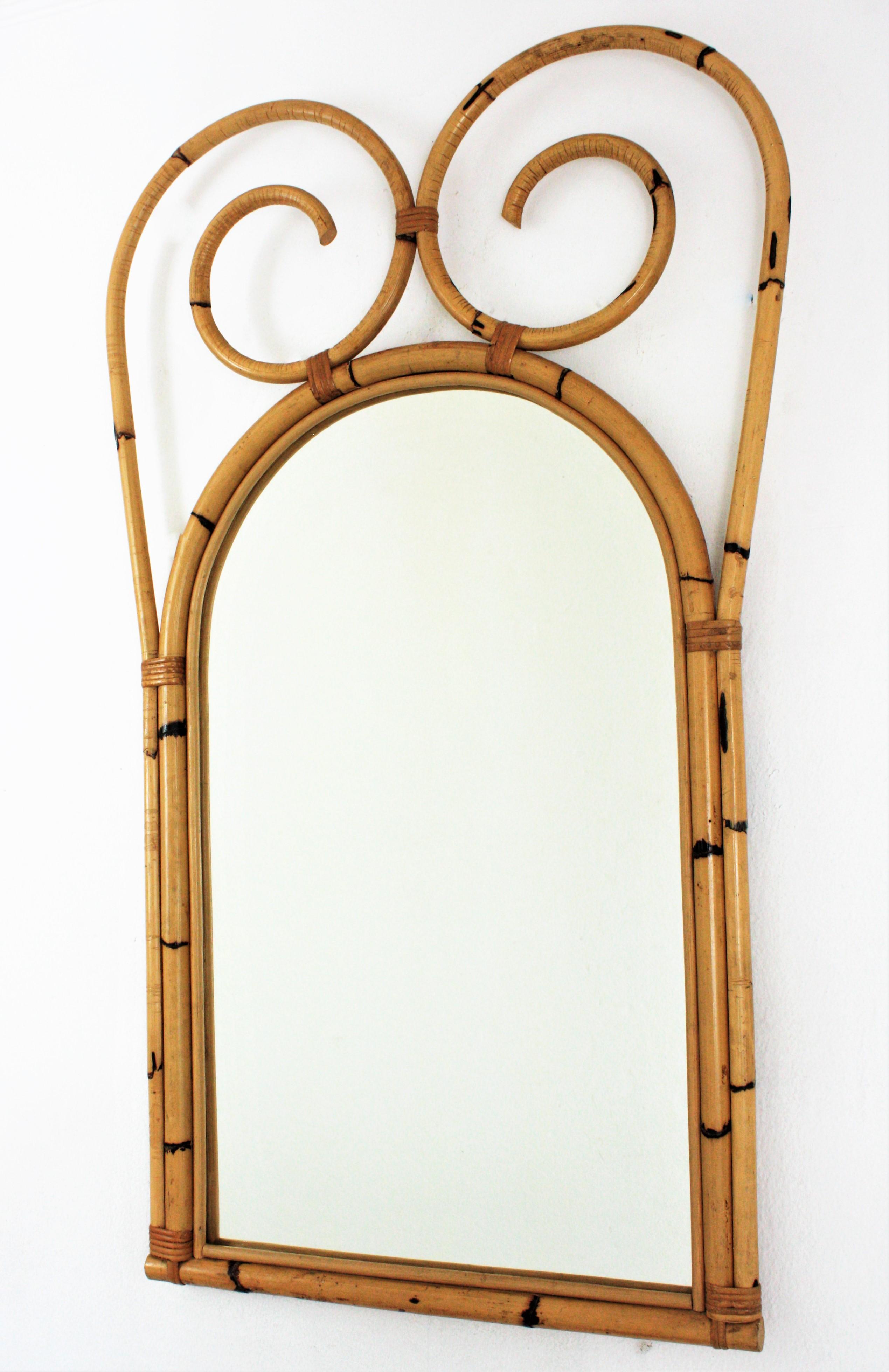 20th Century Large Rattan Bamboo Wall Mirror with Scroll Top, Italian Designer, 1950s For Sale
