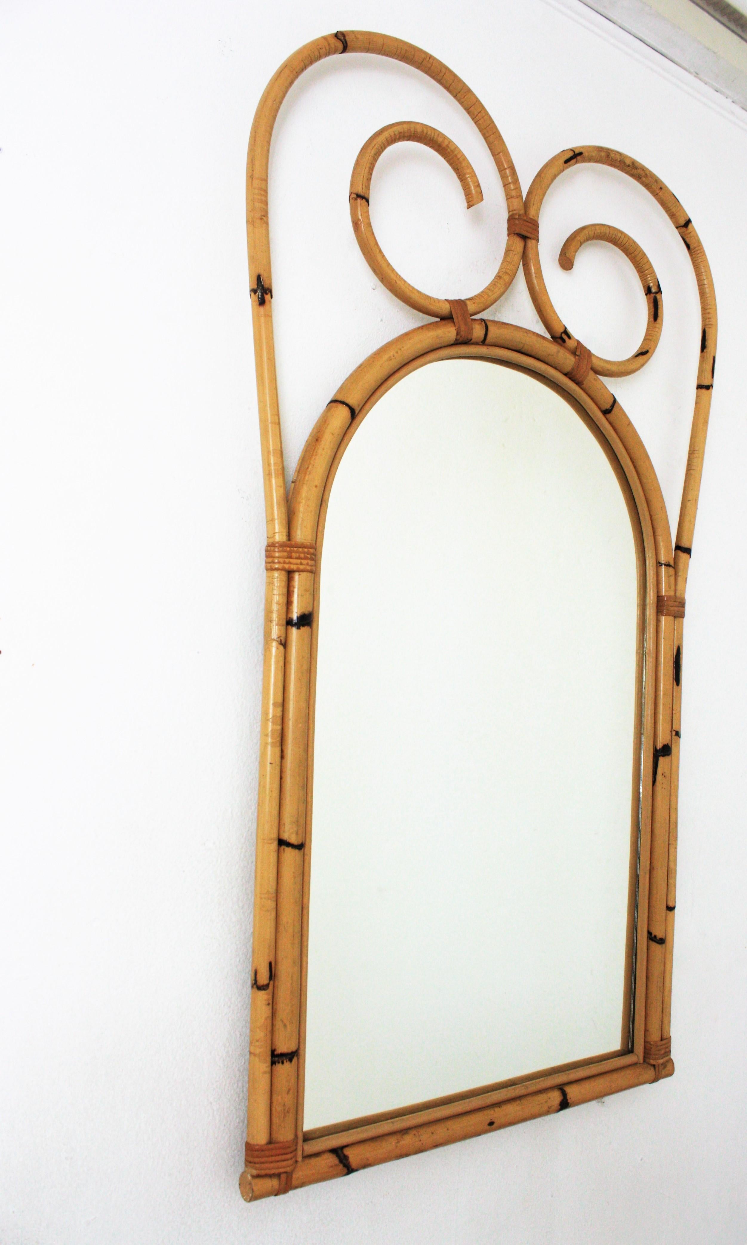 Large Rattan Bamboo Wall Mirror with Scroll Top, Italian Designer, 1950s For Sale 1