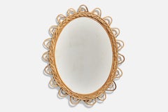Italian Designer, Mirror, Rattan, Mirror Glass, Italy, 1950s