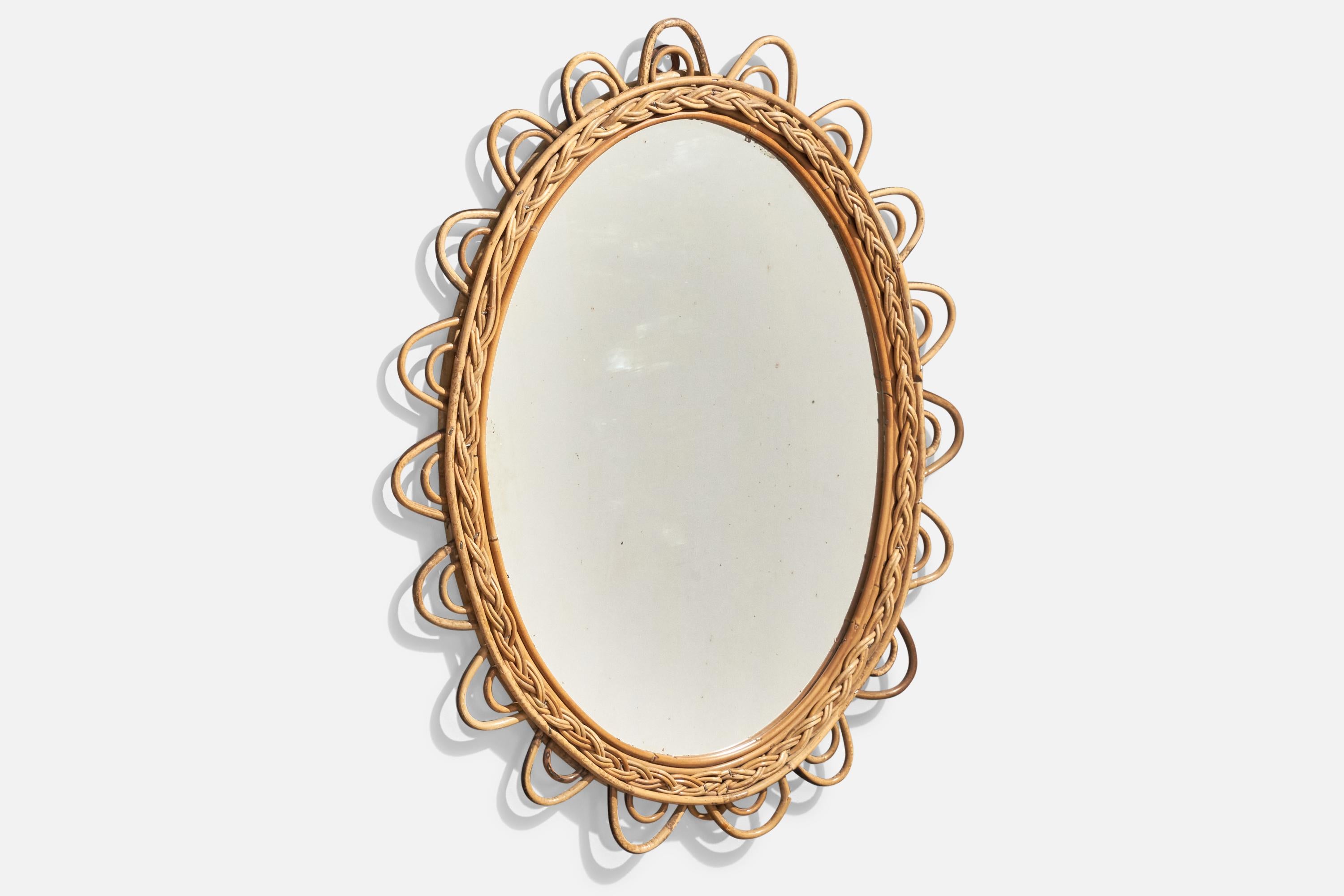 Diseñador italiano, Espejo, Ratán, Espejo de cristal, Italia, Años 50 Moderno de mediados de siglo en venta
