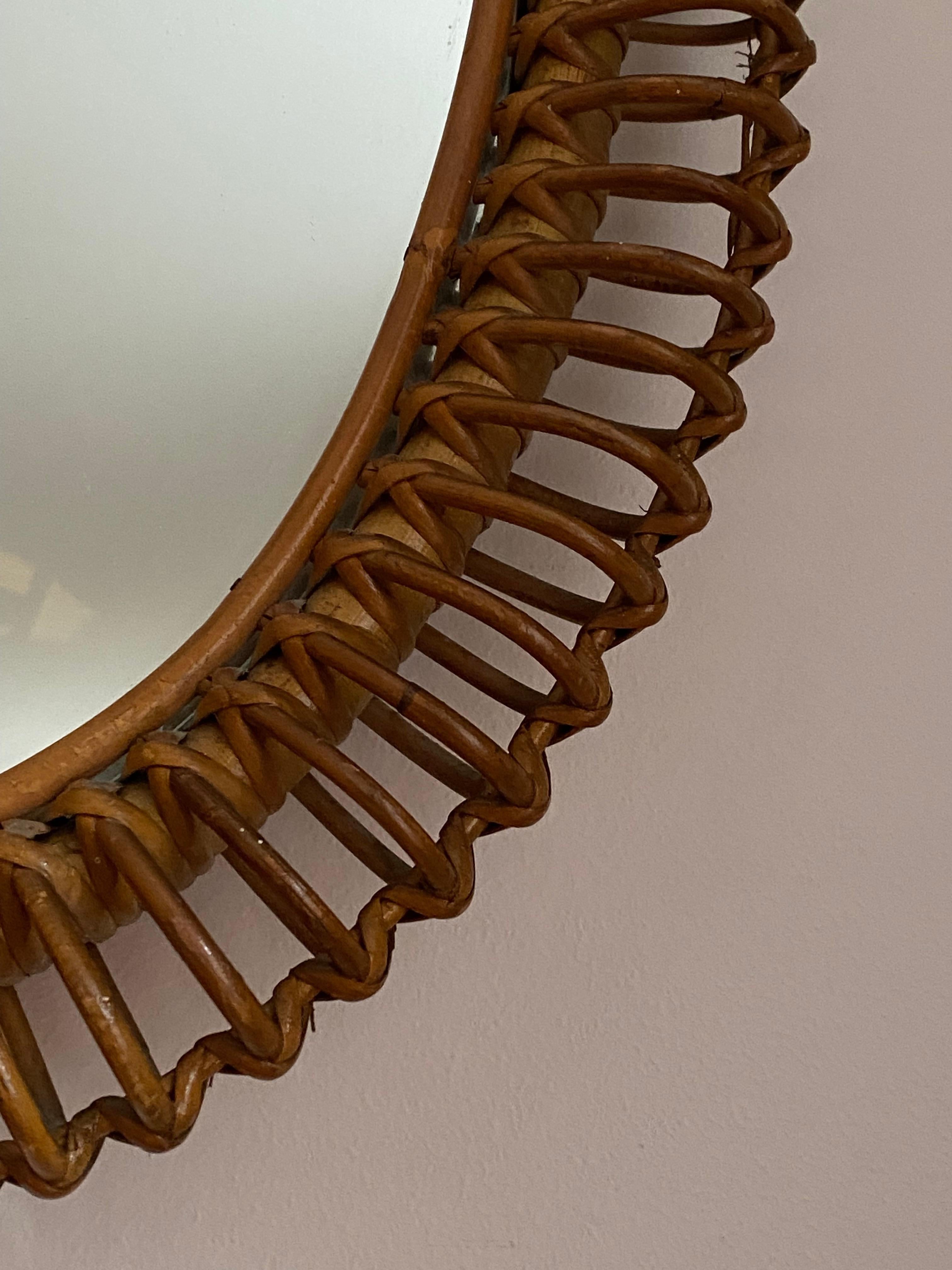 Italian Designer, Mirror, Rattan, Mirror Glass, Italy, 1950s In Good Condition In High Point, NC