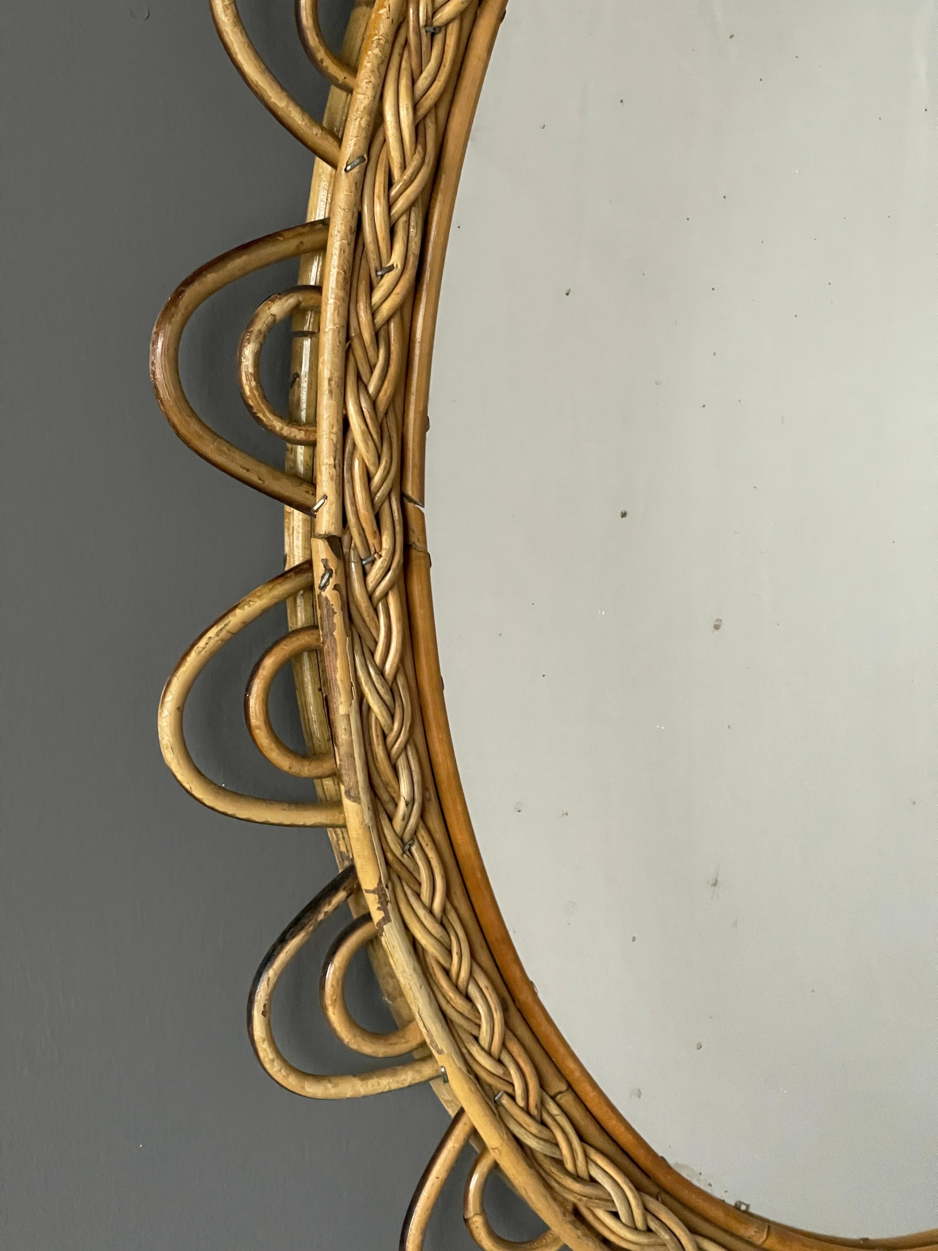 Italian Designer, Mirror, Rattan, Mirror Glass, Italy, 1950s In Good Condition For Sale In High Point, NC