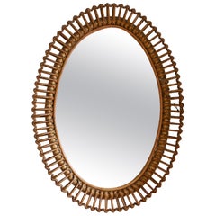Vintage Italian Designer, Mirror, Rattan, Mirror Glass, Italy, 1950s