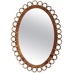 Italian Designer, Mirror, Rattan, Mirror Glass, Italy, 1950s