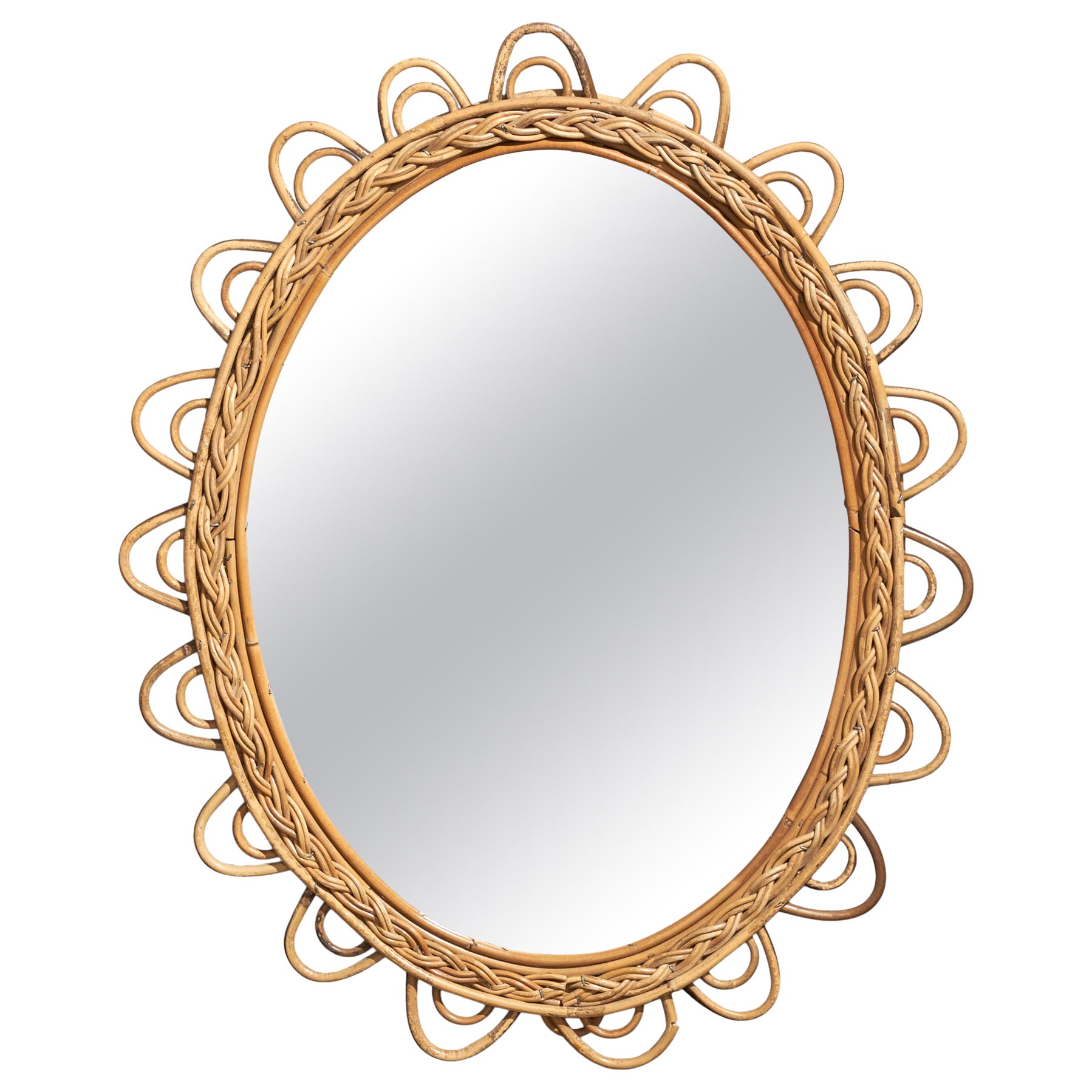 Italian Designer, Mirror, Rattan, Mirror Glass, Italy, 1950s For Sale