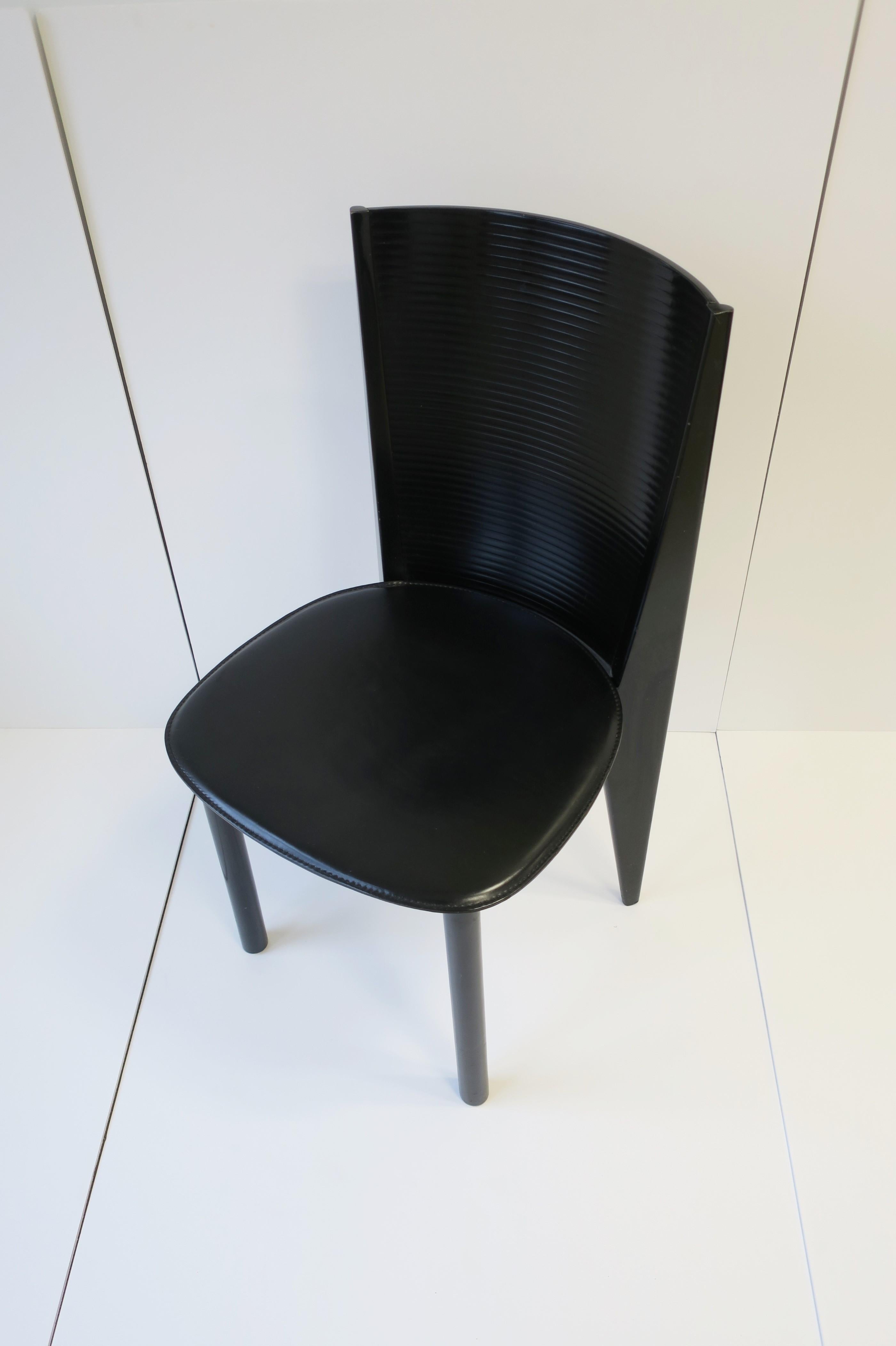 Lacquered Italian Designer Postmodern Black Lacquer Wood and Leather Side Chair  For Sale