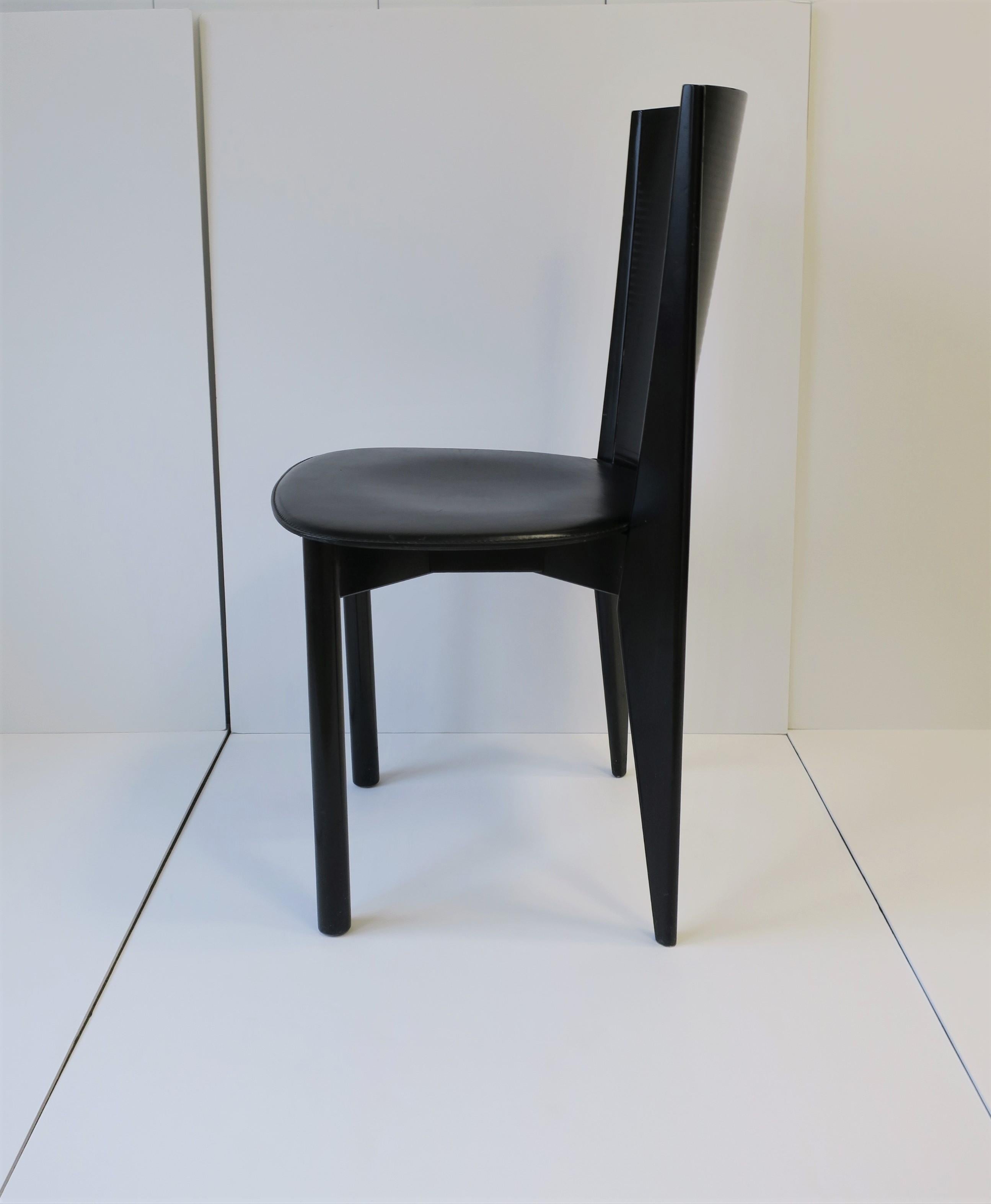 Lacquered Italian Designer Postmodern Black Lacquer Wood and Leather Side Chair For Sale