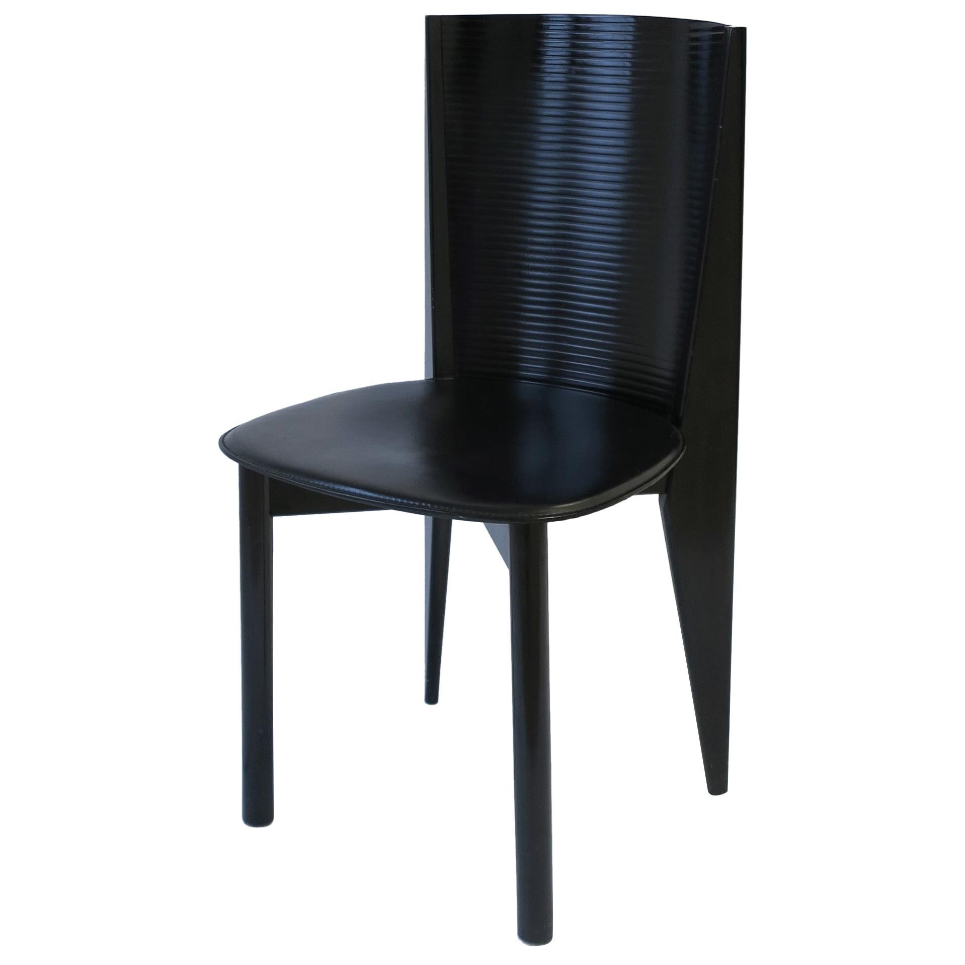 Italian Designer Postmodern Black Lacquer Wood and Leather Side Chair 