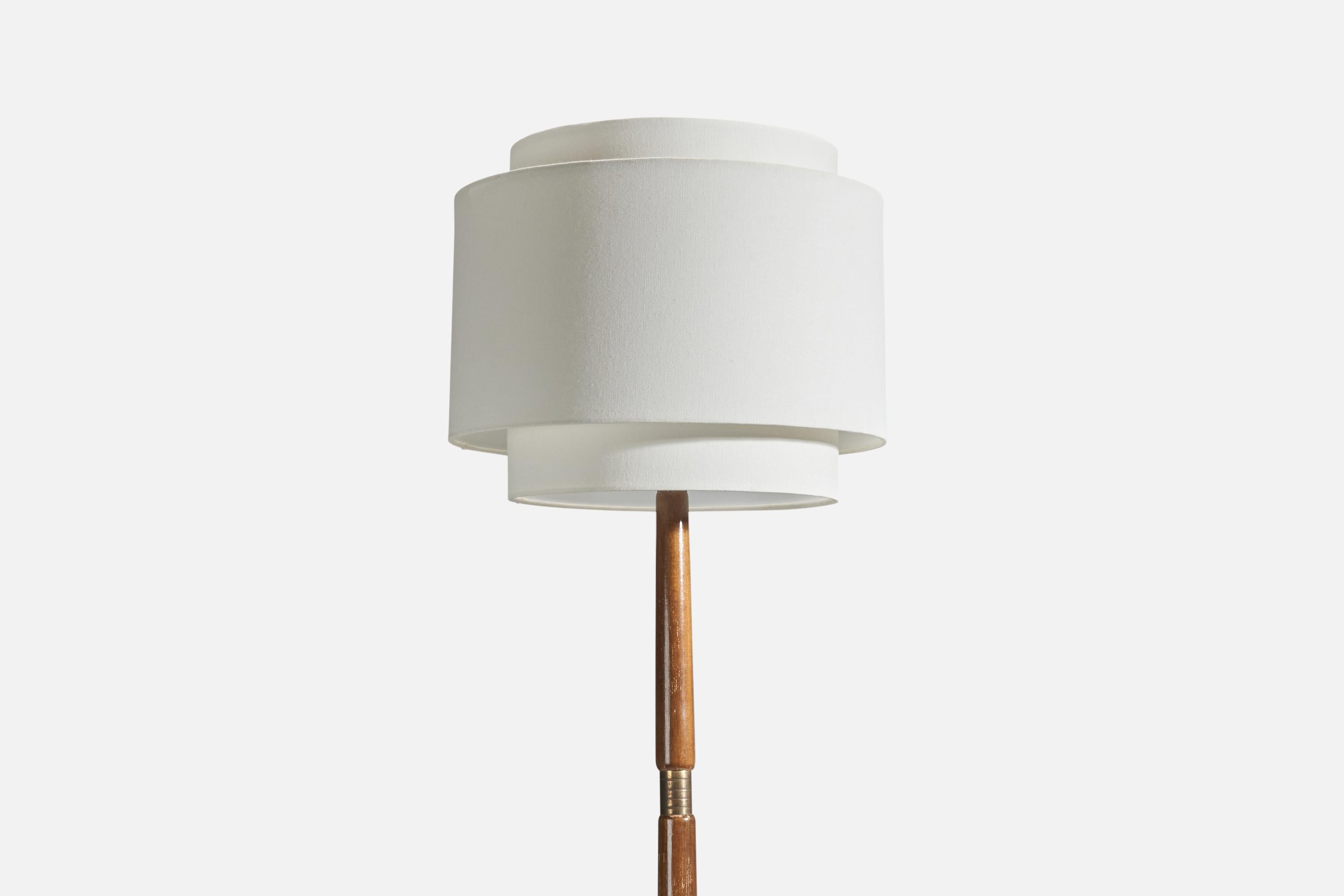 Mid-Century Modern Italian Designer, Floor Lamp, Brass, Turned Wood, Fabric, Italy, 1950s For Sale