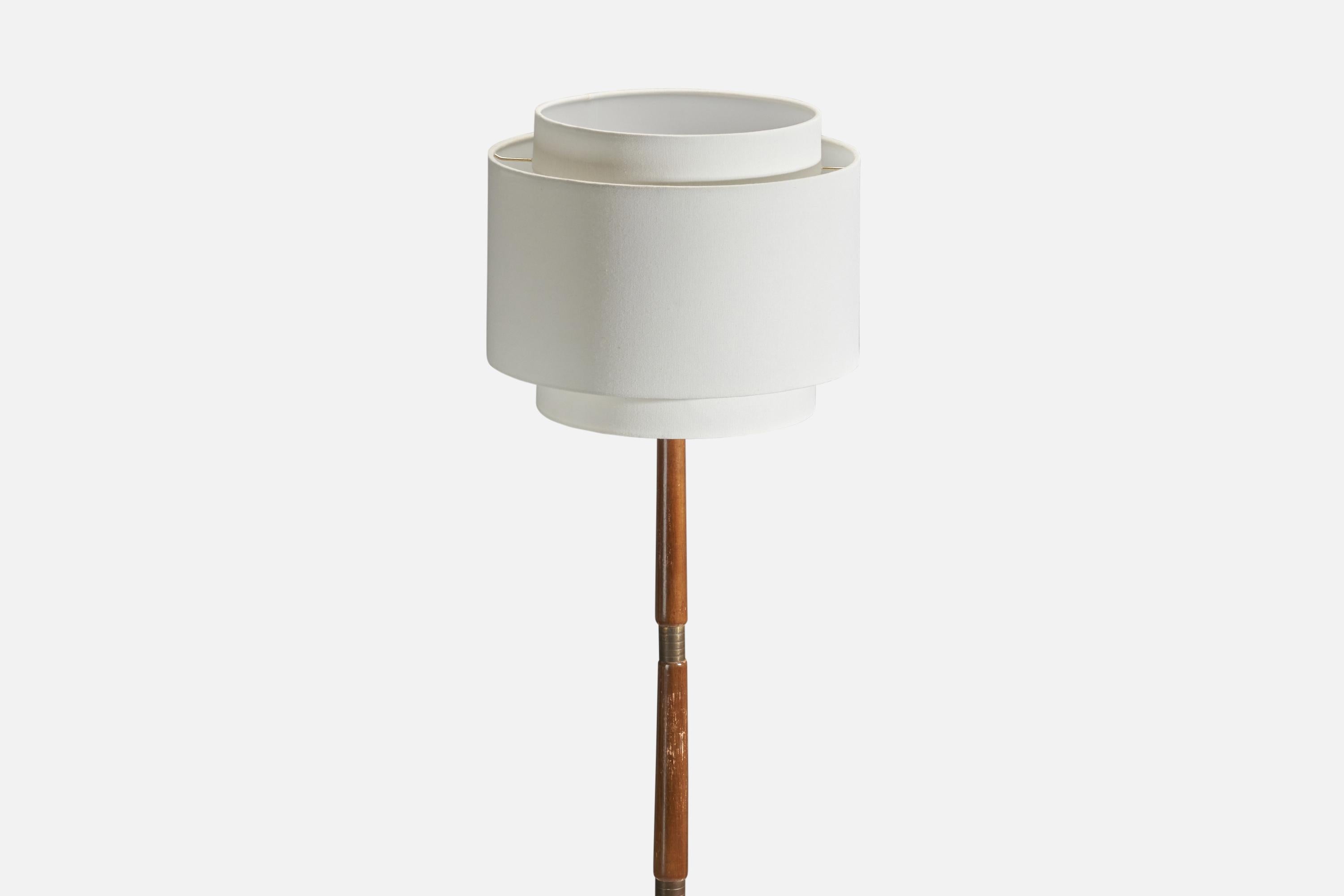 Mid-20th Century Italian Designer, Floor Lamp, Brass, Turned Wood, Fabric, Italy, 1950s For Sale