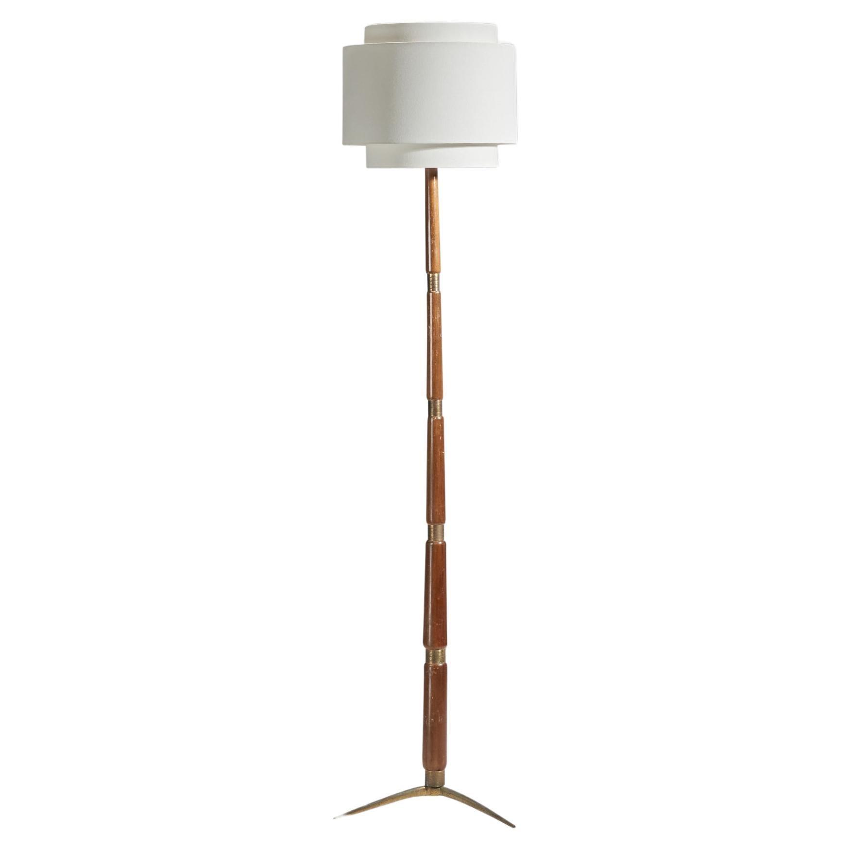 Italian Designer, Floor Lamp, Brass, Turned Wood, Fabric, Italy, 1950s For Sale