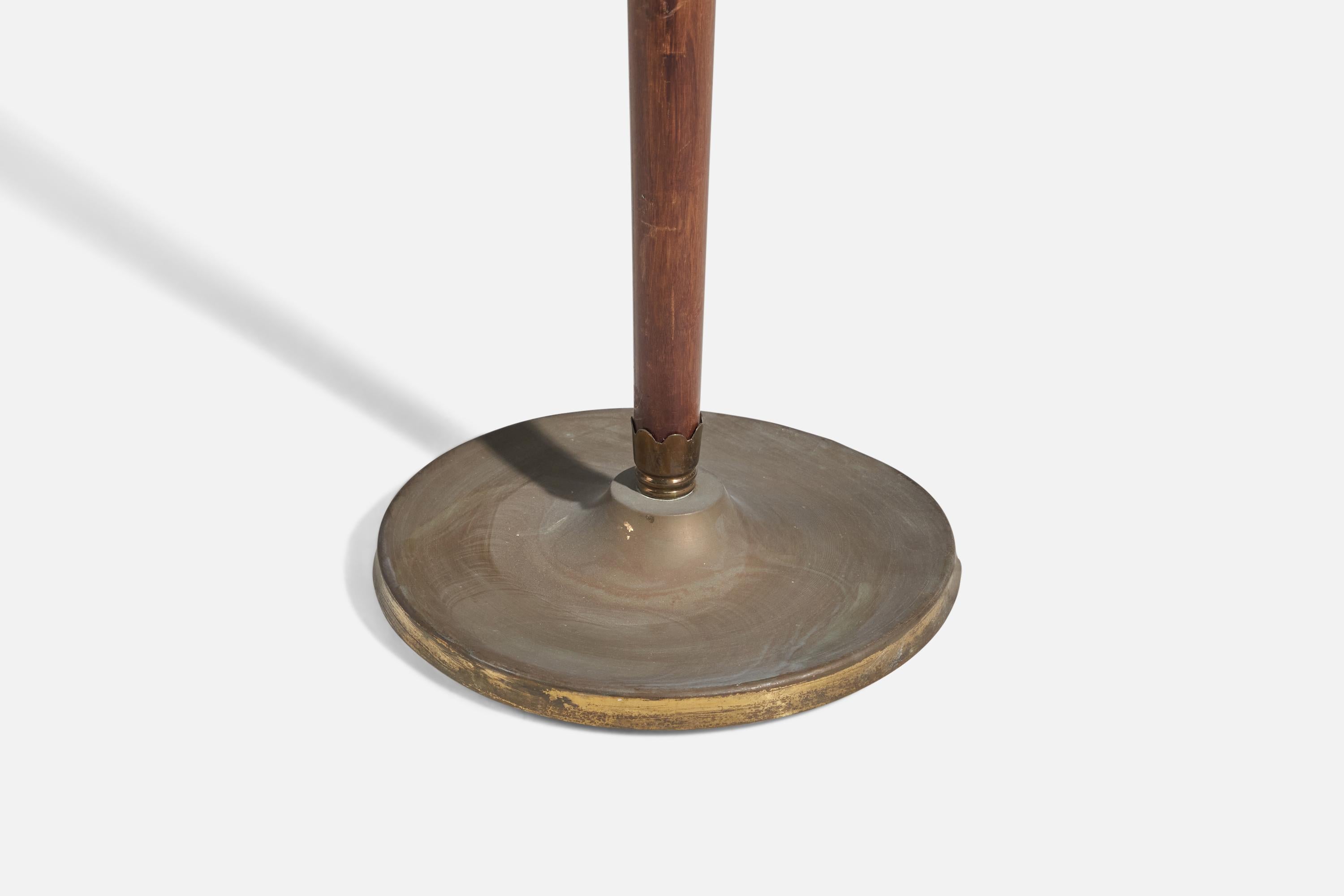 Mid-20th Century Italian Designer, Floor Lamp, Mahogany, Brass, Fabric, Italy, 1940s For Sale