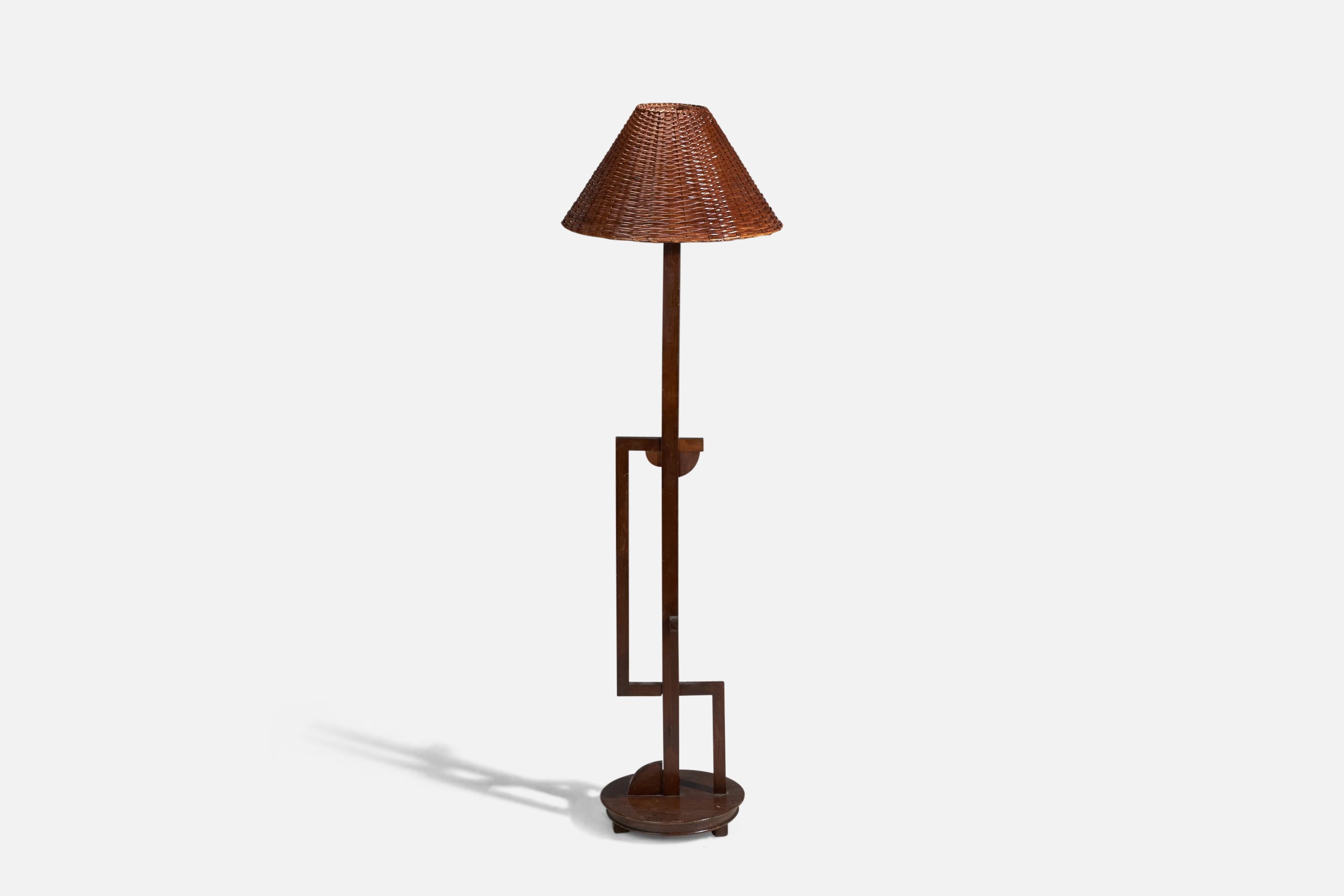 Mid-Century Modern Italian Designer, Floor Lamp, Brass, Rosewood, Fabric, Italy, 1940s For Sale