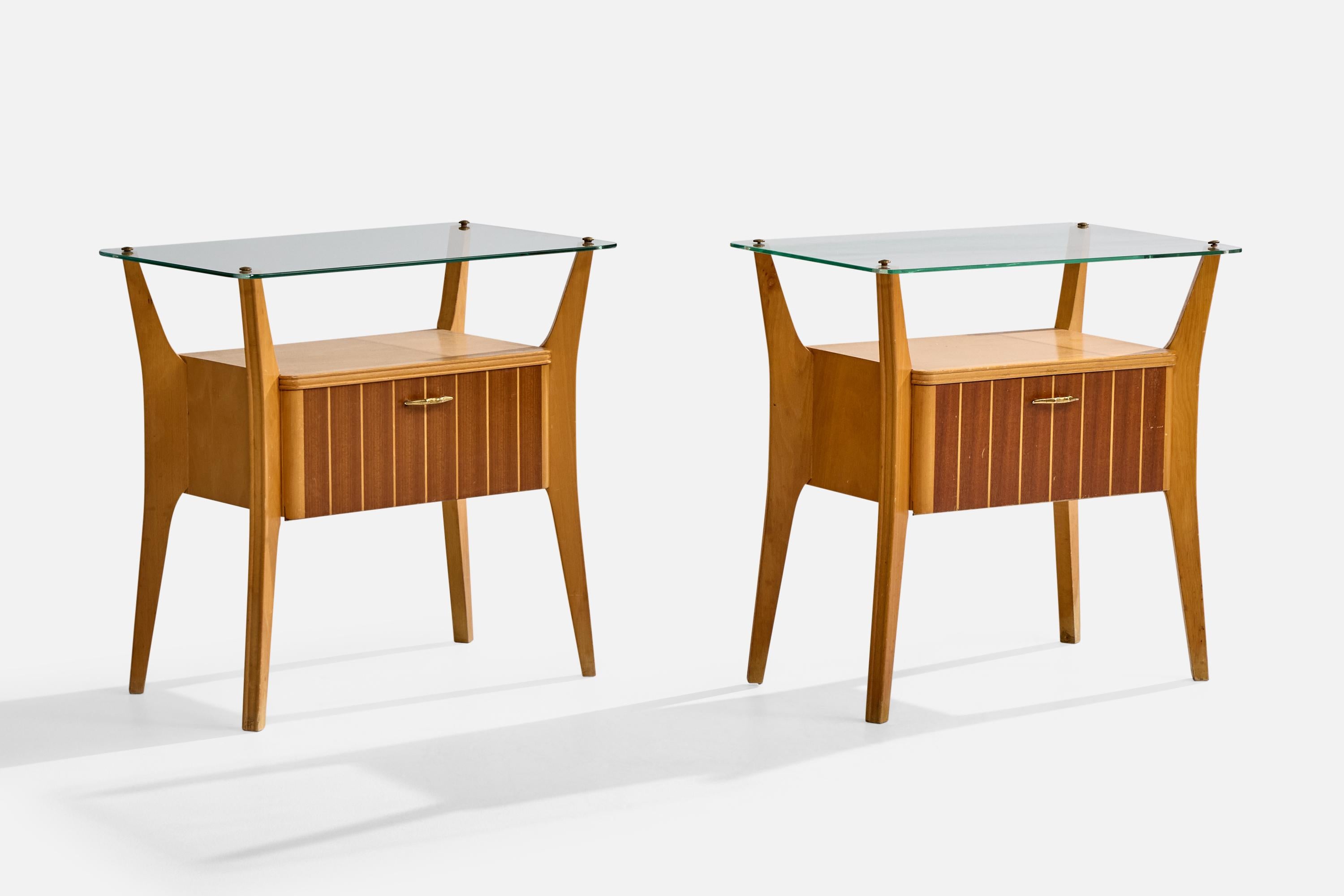 A pair of wood and glass nightstands designed and produced in Italy, c. 1960s.

Overall Dimensions (inches): 22.25