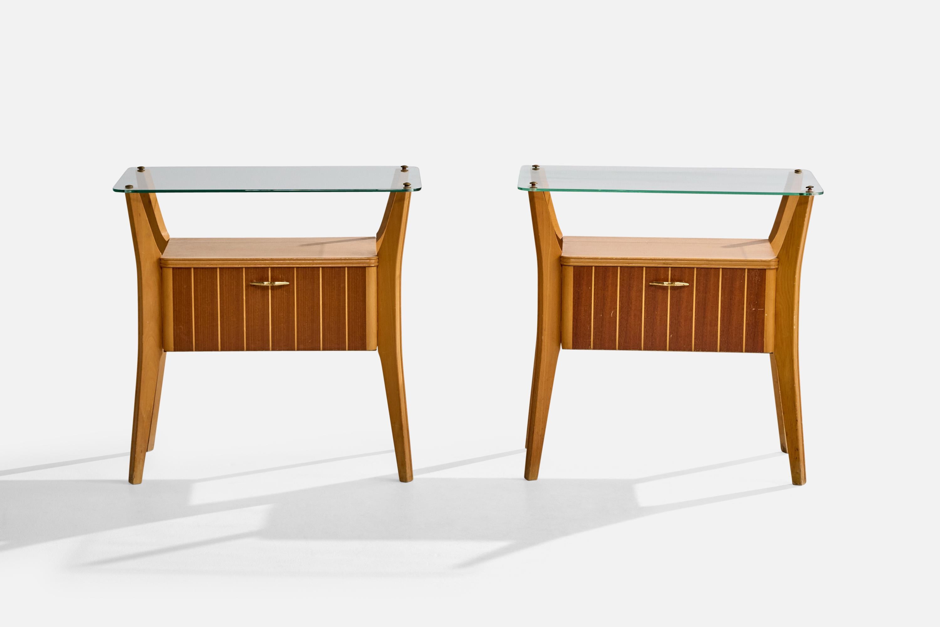 Mid-Century Modern Italian Designer, Nighstands, Wood, Glass, Italy, 1960s For Sale