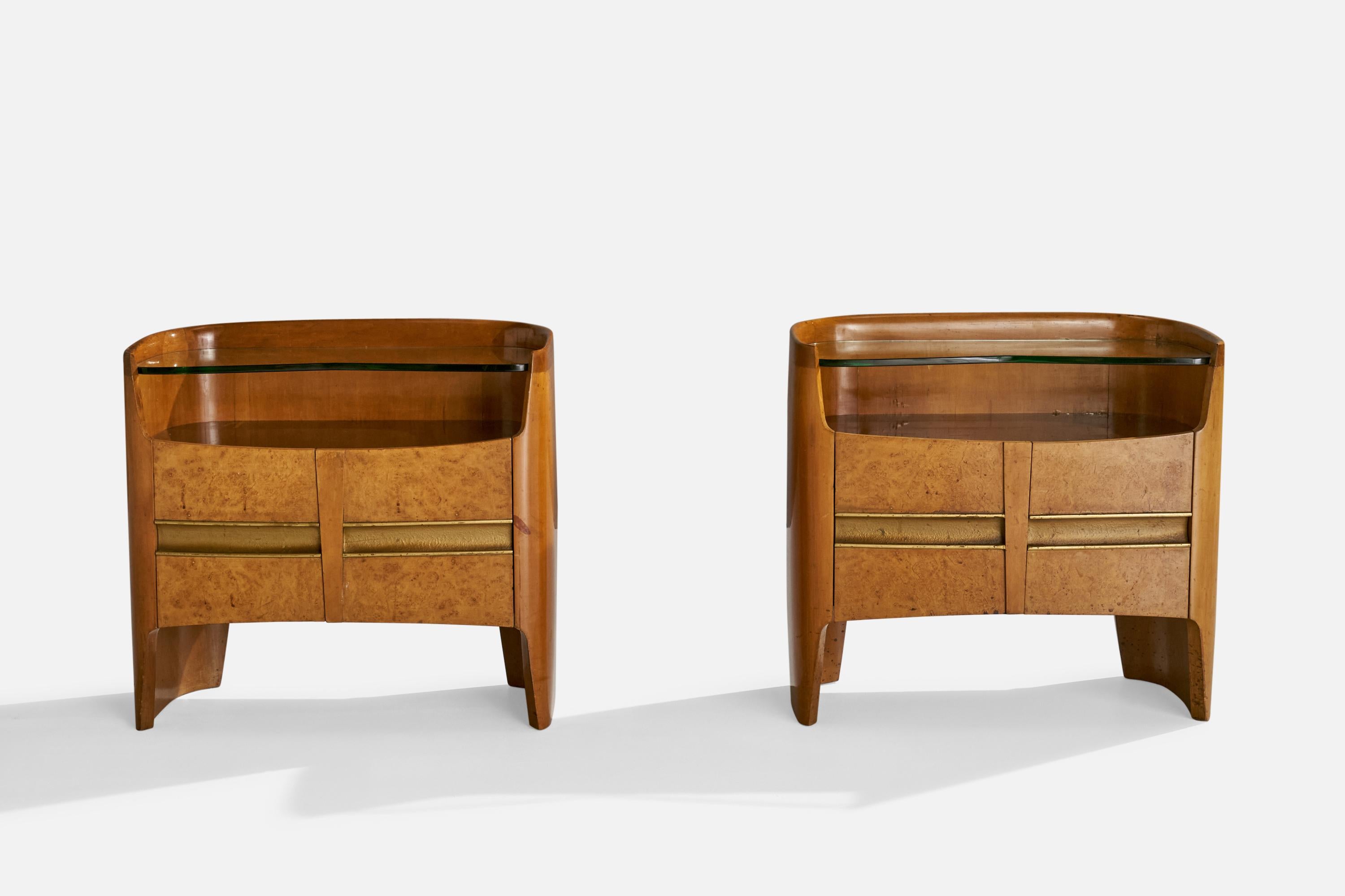 A pair of wood, brass and glass nightstands designed and produced in Italy, 1950s.
