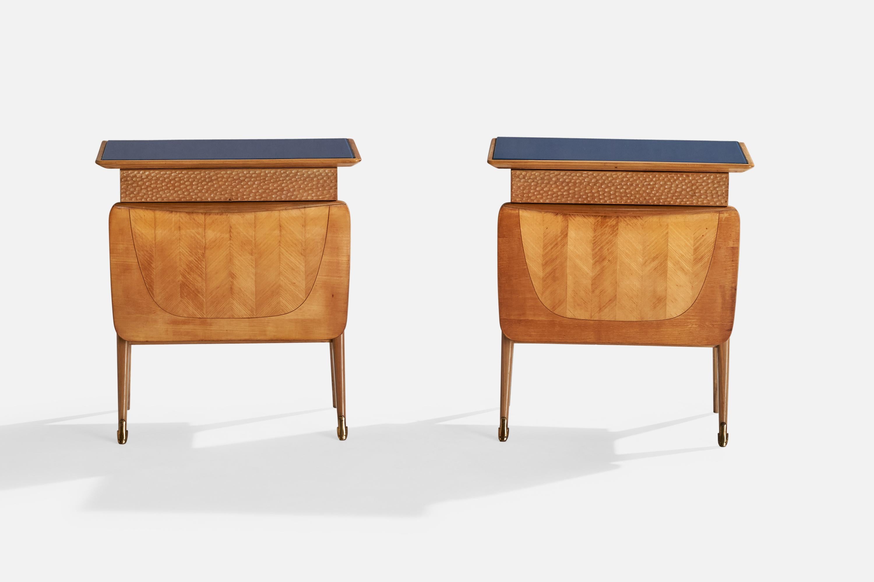 Mid-Century Modern Italian Designer, Nightstands, Wood, Glass, Brass, Italy, 1950s For Sale
