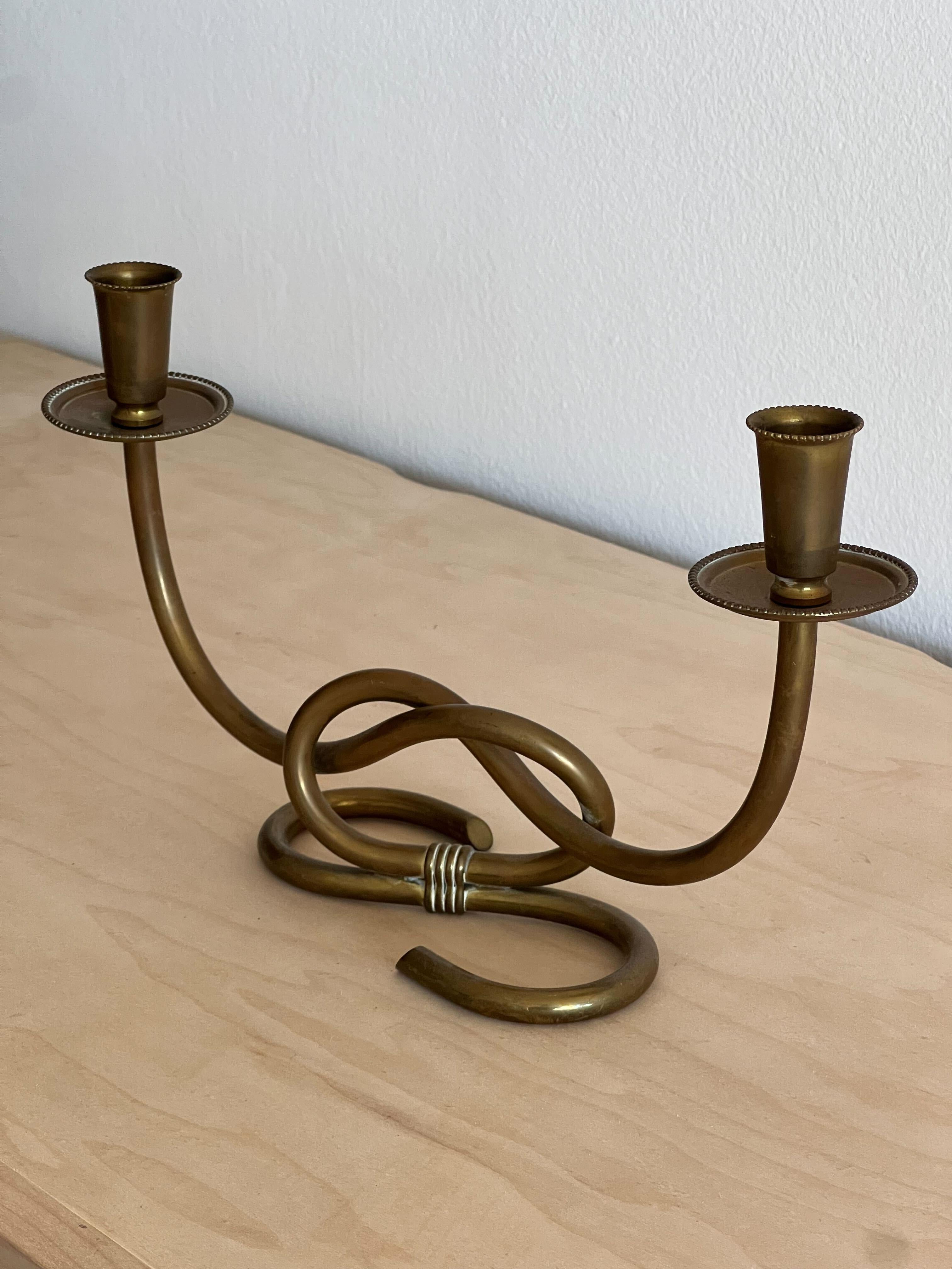 Italian Designer, Organic Candle Holder, Brass, Italy, 1940s In Good Condition In High Point, NC
