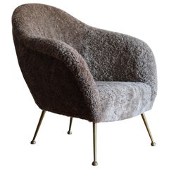 Italian Designer, Organic Lounge Chair, Sheepskin, Brass, Italy, 1950s