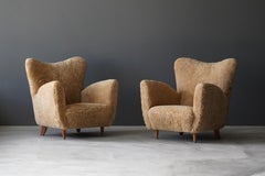 Italian Designer, Organic Lounge Chairs, Beige Sheepskin, Wood, 1940s