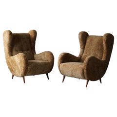 Italian Designer, Organic Lounge Chairs, Beige Sheepskin, Wood, 1950s