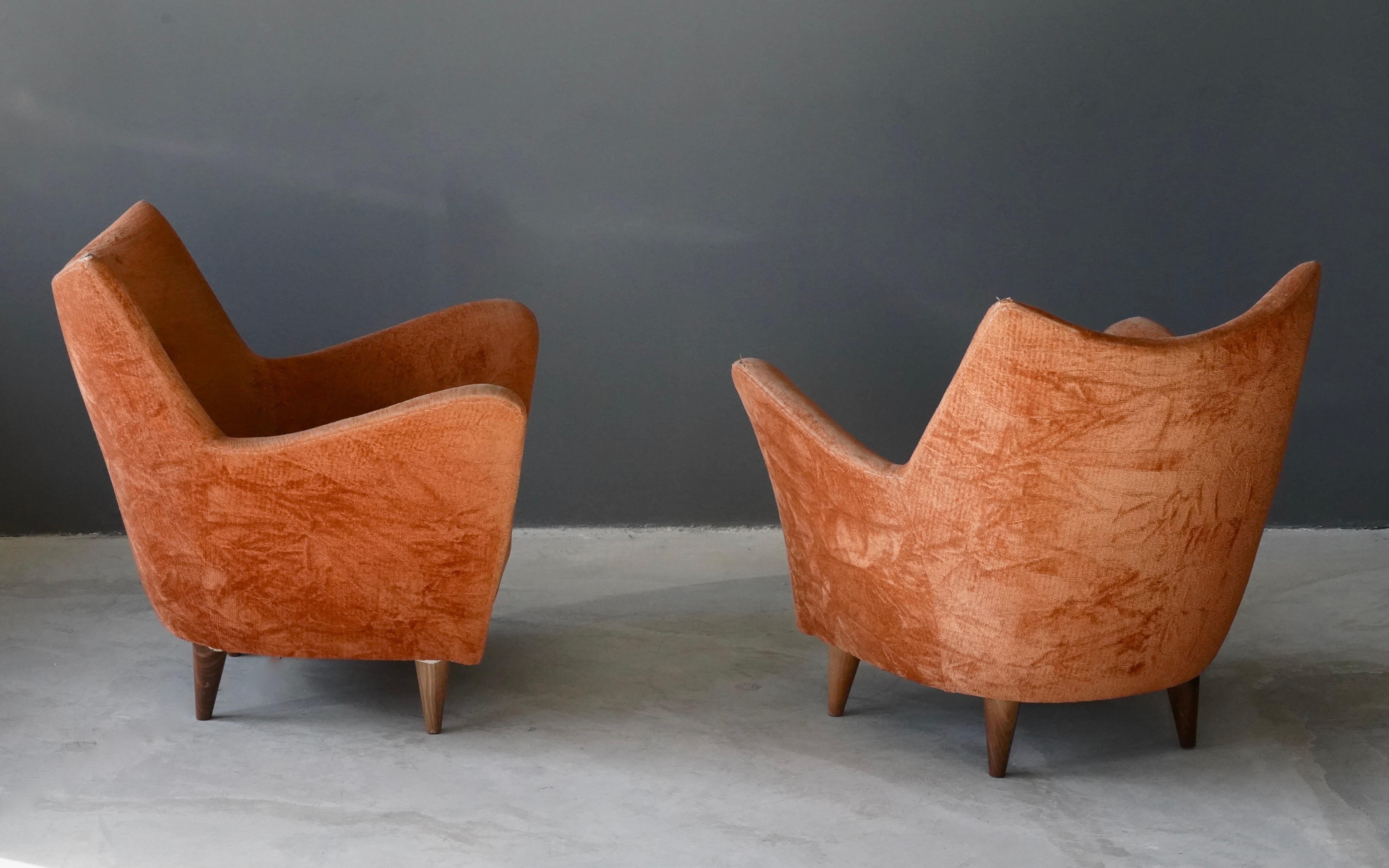 Mid-Century Modern Italian Designer, Organic Lounge Chairs, Orange Fabric, Wood, Italy, 1950s