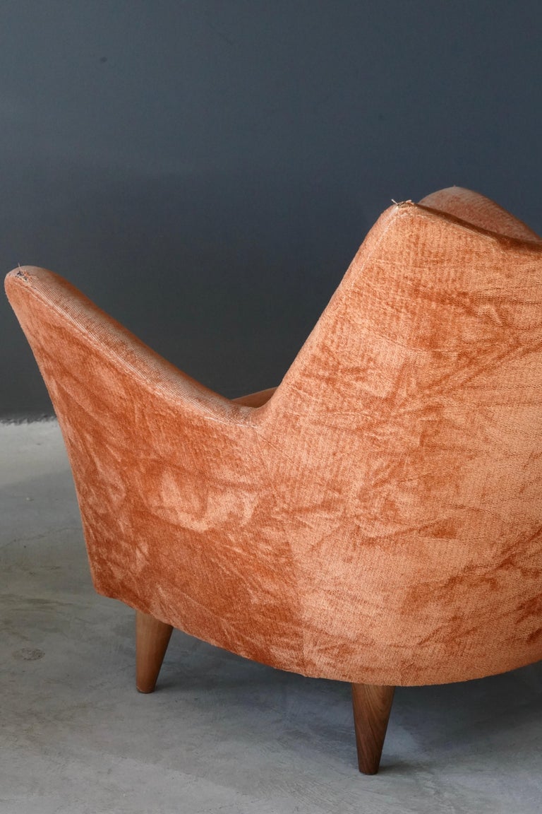 Italian Designer, Organic Lounge Chairs, Orange Fabric, Wood, Italy, 1950s In Fair Condition For Sale In West Palm Beach, FL