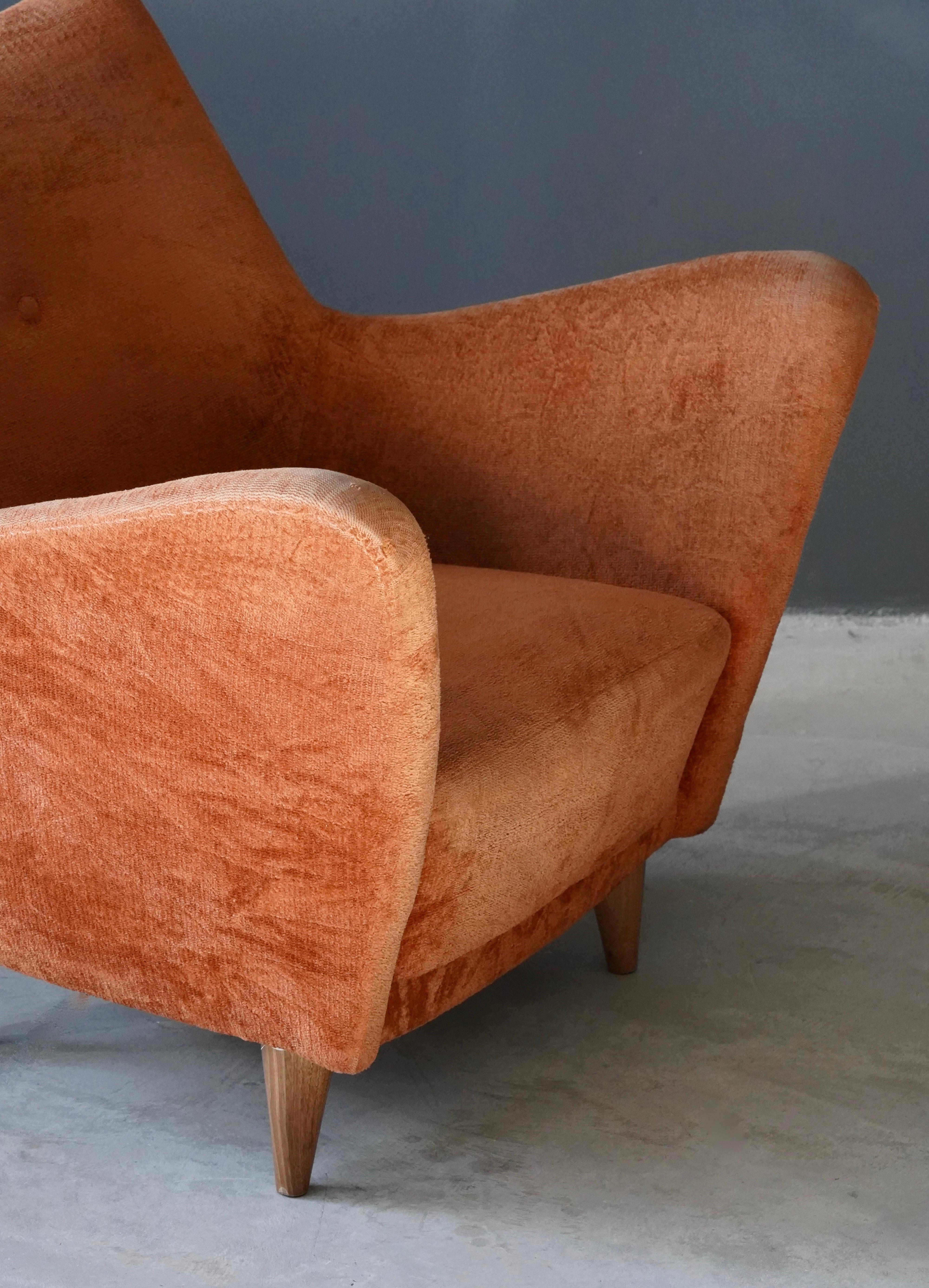 Mid-20th Century Italian Designer, Organic Lounge Chairs, Orange Fabric, Wood, Italy, 1950s