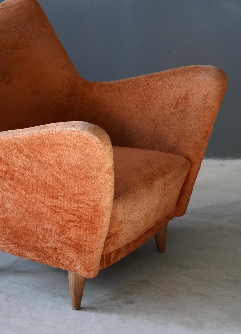 Mid-20th Century Italian Designer, Organic Lounge Chairs, Orange Fabric, Wood, Italy, 1950s For Sale