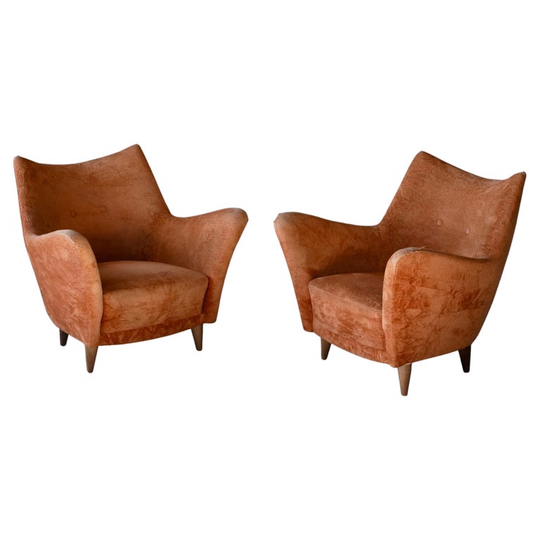 Italian Designer, Organic Lounge Chairs, Orange Fabric, Wood, Italy, 1950s For Sale