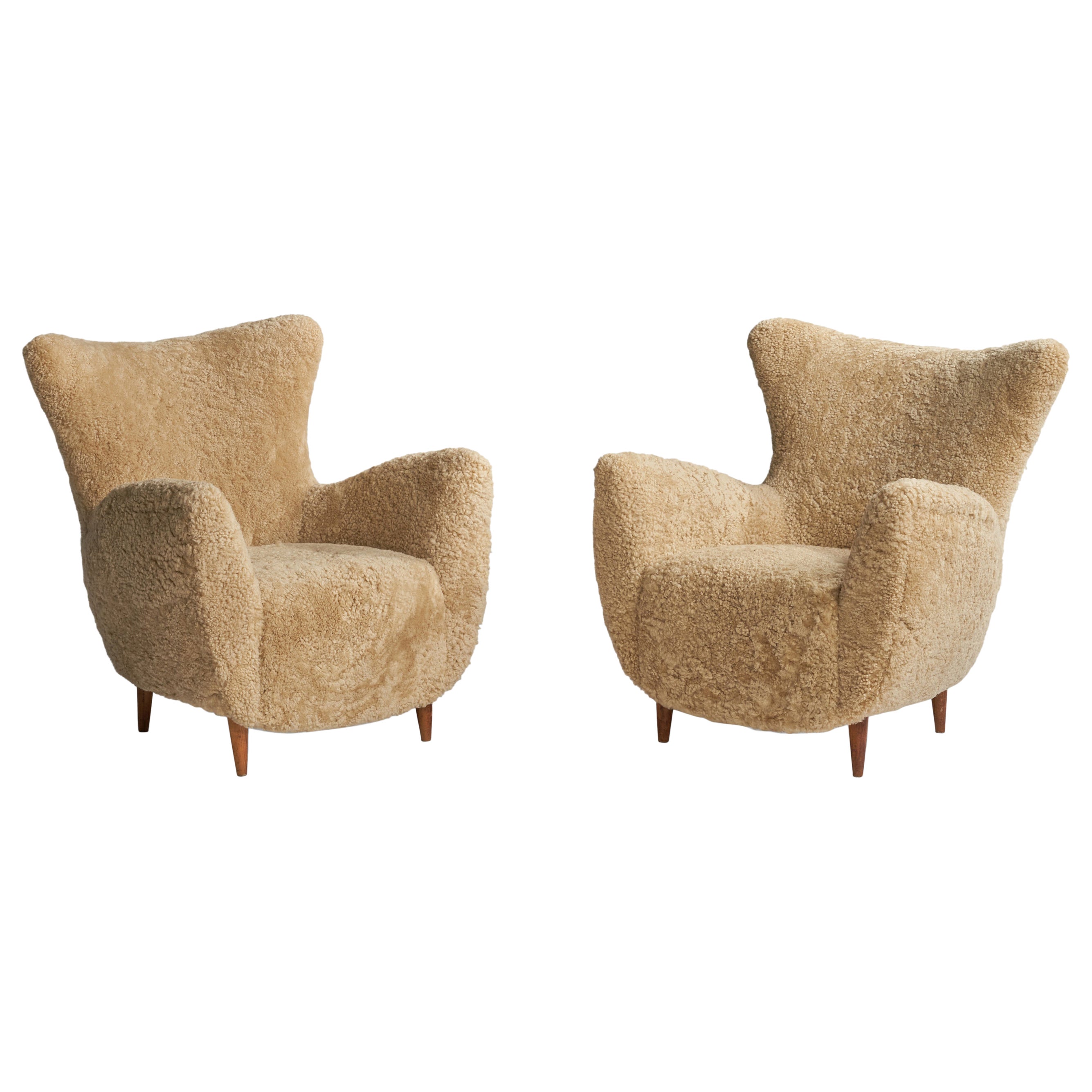 Italian Designer, Organic Lounge Chairs, Shearling, Wood, Italy, 1940s