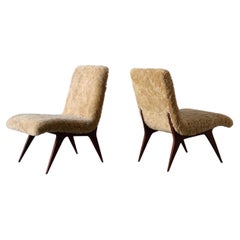 Italian Designer, Organic Slipper Chairs, Beige Sheepskin, Cherrywood, 1950s