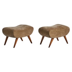 Italian Designer, Organic Stools, Oak, Velvet, Italy, 1940s