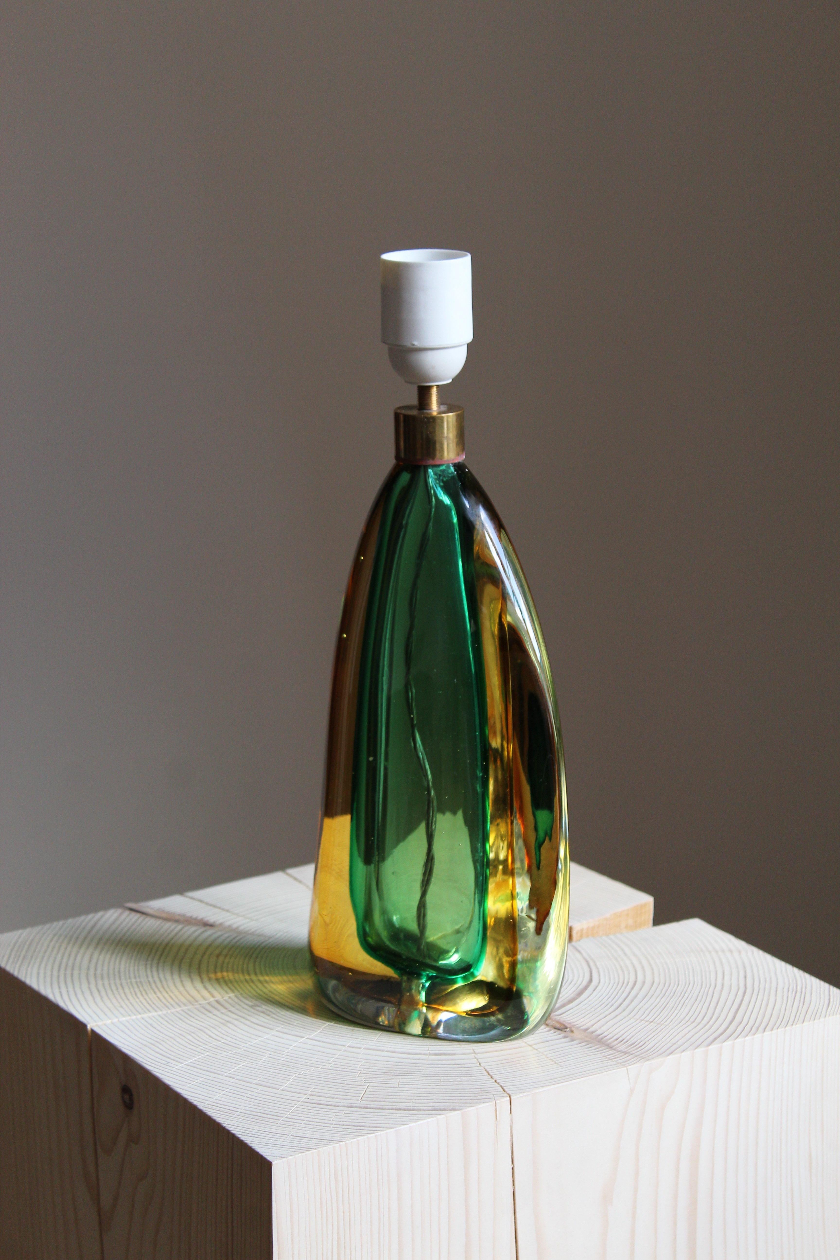 Mid-Century Modern Italian Designer, Organic Table Lamp, Colored Murano Glass, Brass, 1960s