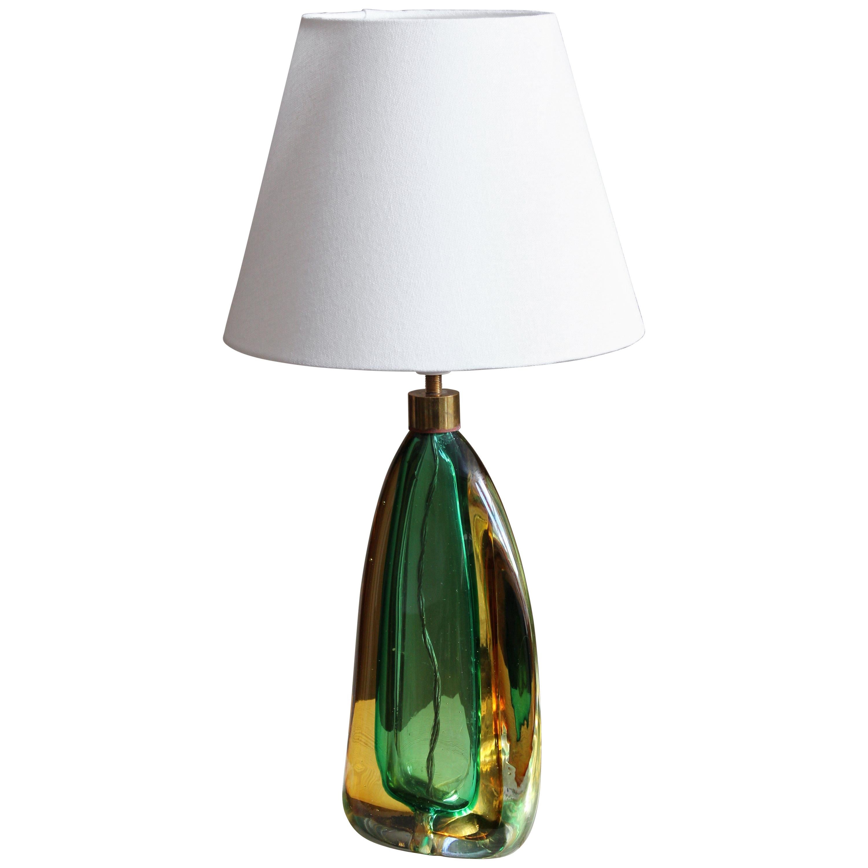 Italian Designer, Organic Table Lamp, Colored Murano Glass, Brass, 1960s