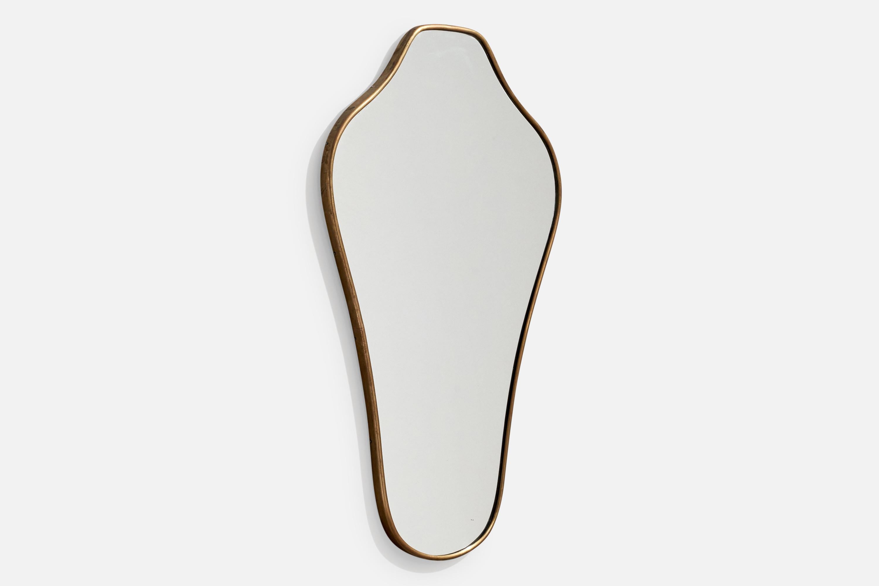 Mid-Century Modern Italian Designer, Organic Wall Mirror, Brass, Mirror Glass, Italy, 1940s For Sale