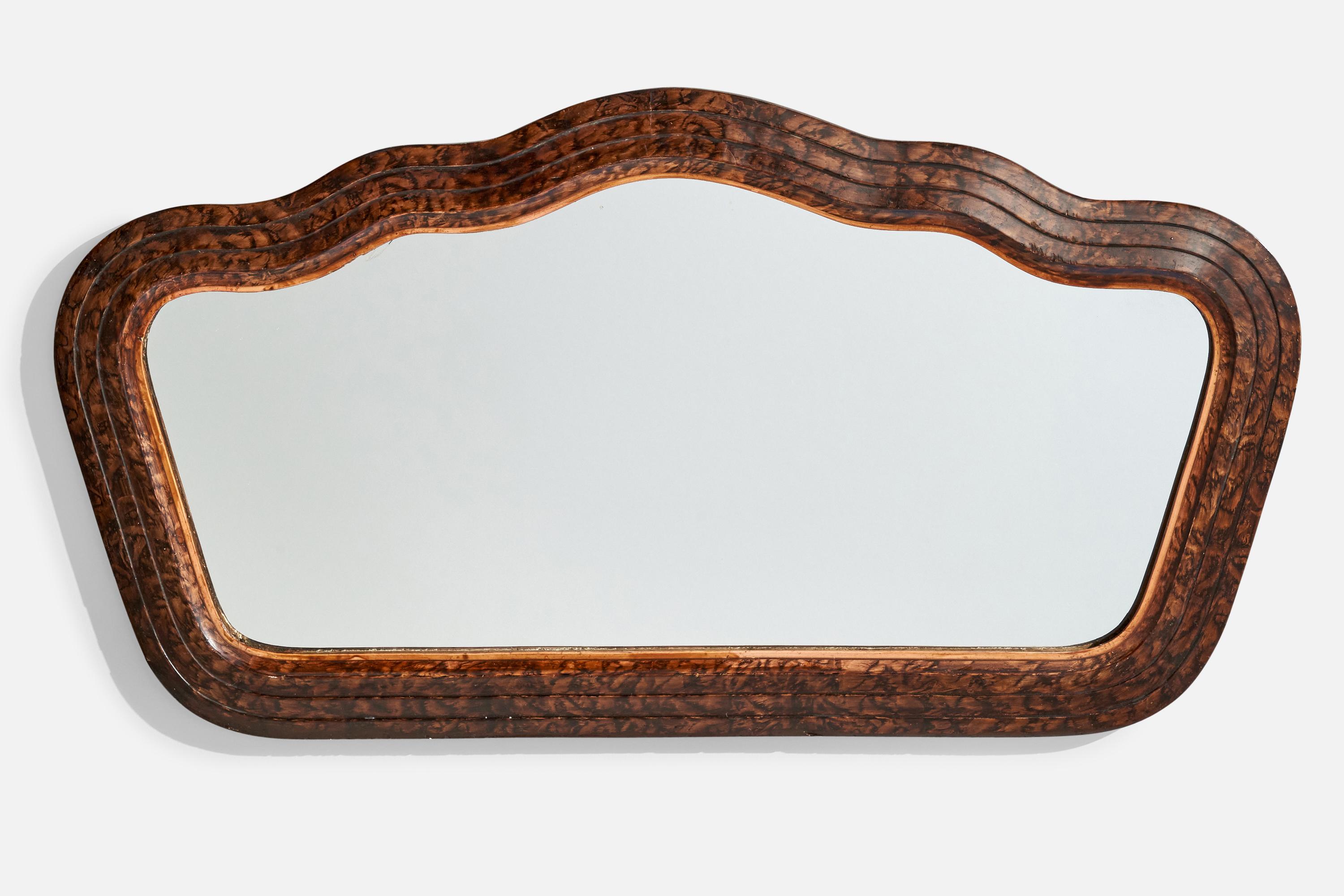 Espejo de pared orgánico de madera burl teñida de oscuro, diseñado y fabricado en Italia, c. 1930.