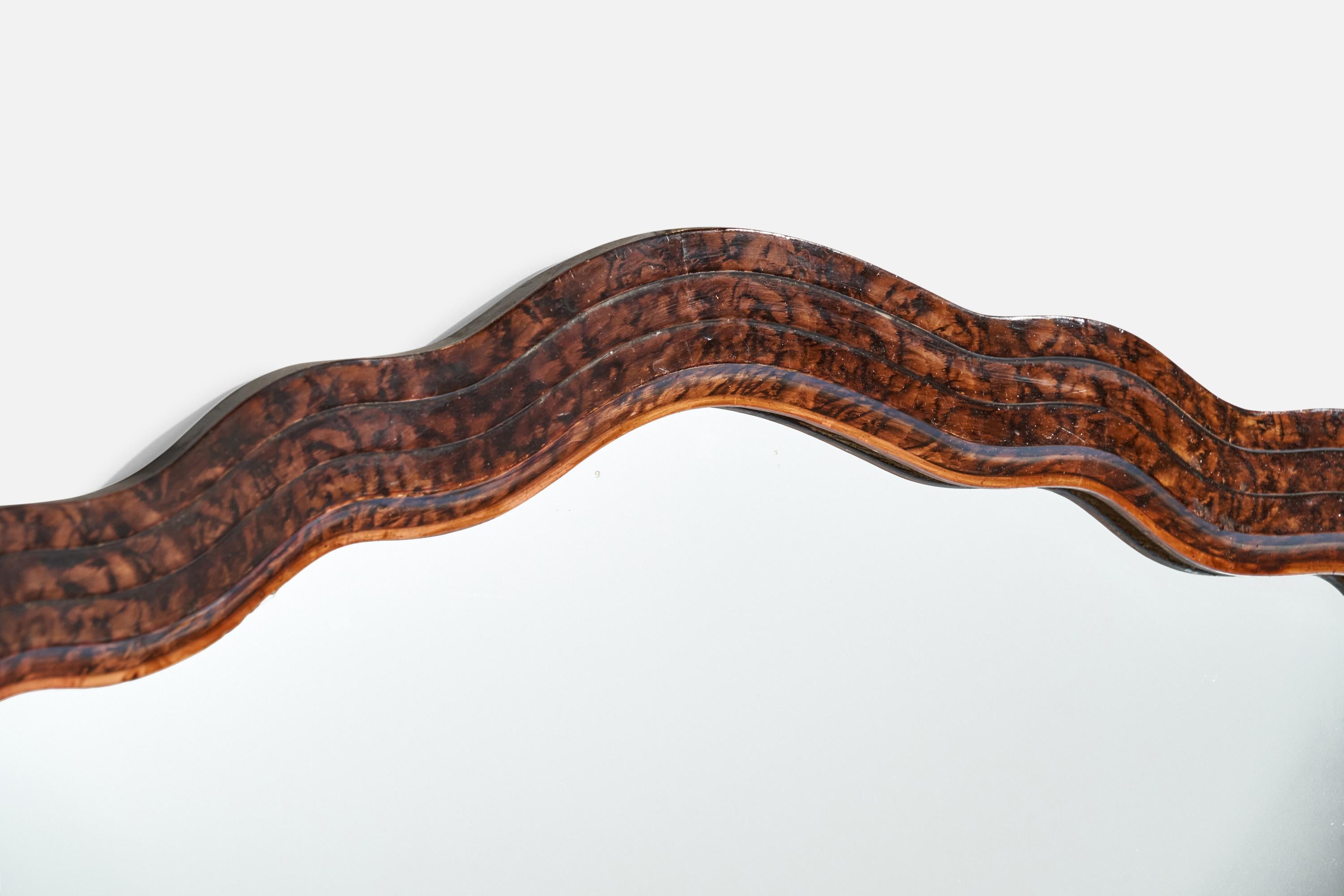 Diseñador italiano, espejo de pared orgánico, madera de nudo, Italia, años 30 Italiano