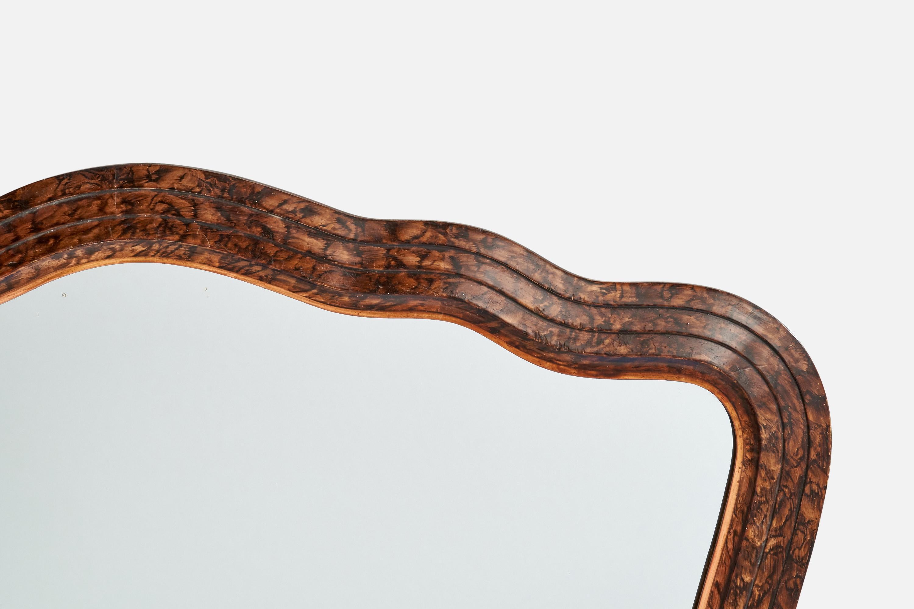 Diseñador italiano, espejo de pared orgánico, madera de nudo, Italia, años 30 mediados del siglo XX