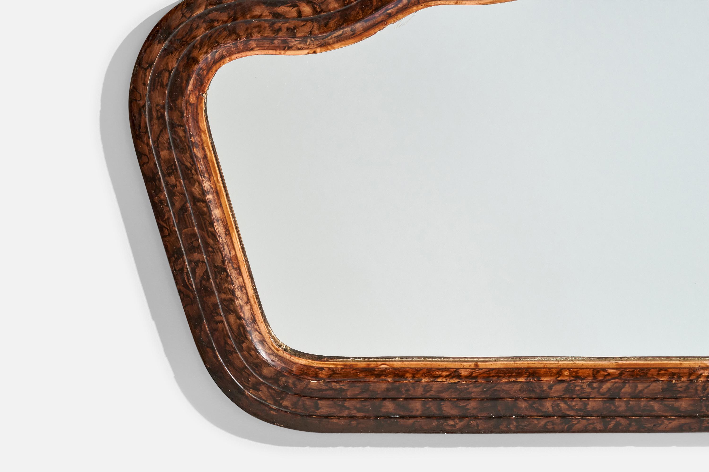 Diseñador italiano, espejo de pared orgánico, madera de nudo, Italia, años 30 Madera de burl
