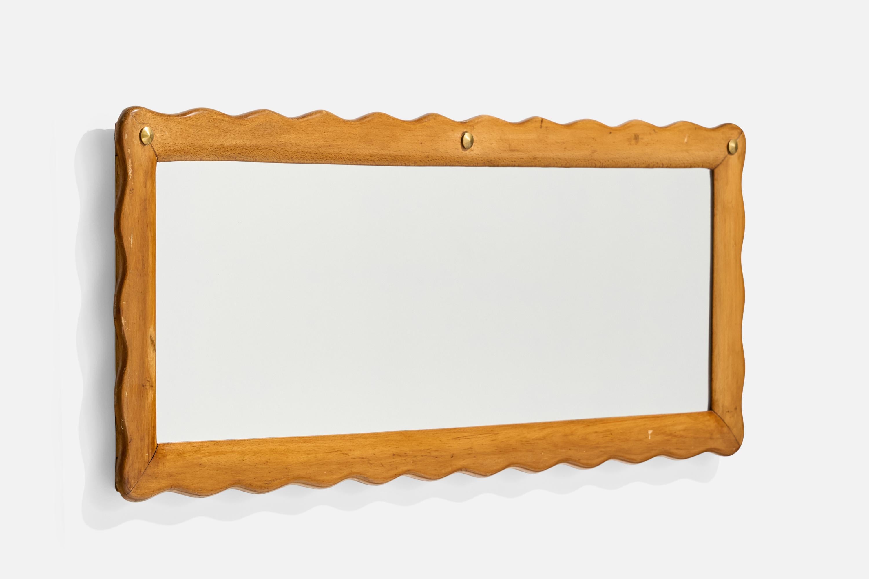 Diseñador Italiano, Espejo de Pared Orgánico, Madera, Latón, Italia, Década de 1940 en Bueno estado para la venta en High Point, NC