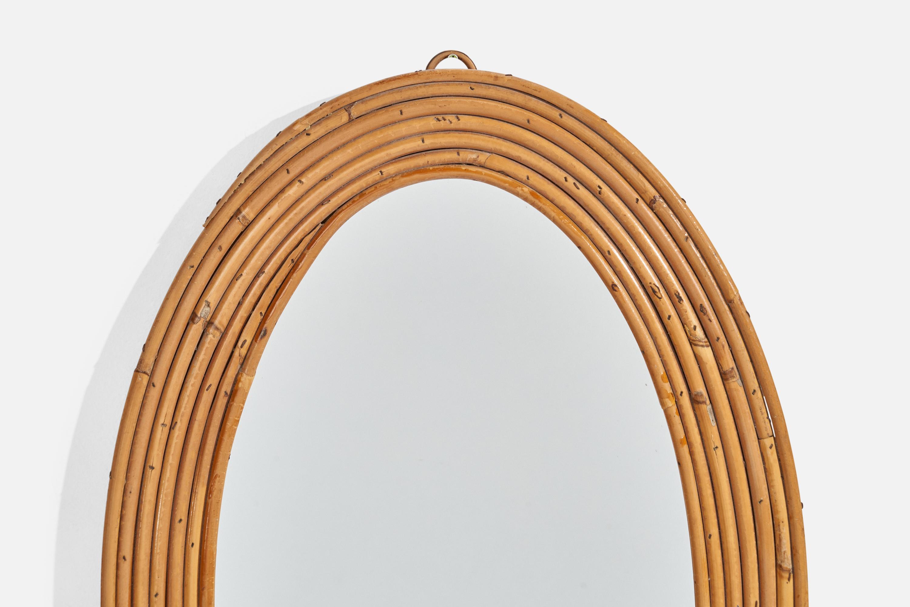 Mid-20th Century Italian Designer, Oval Wall Mirror, Bamboo, Mirror, Italy, 1950s For Sale