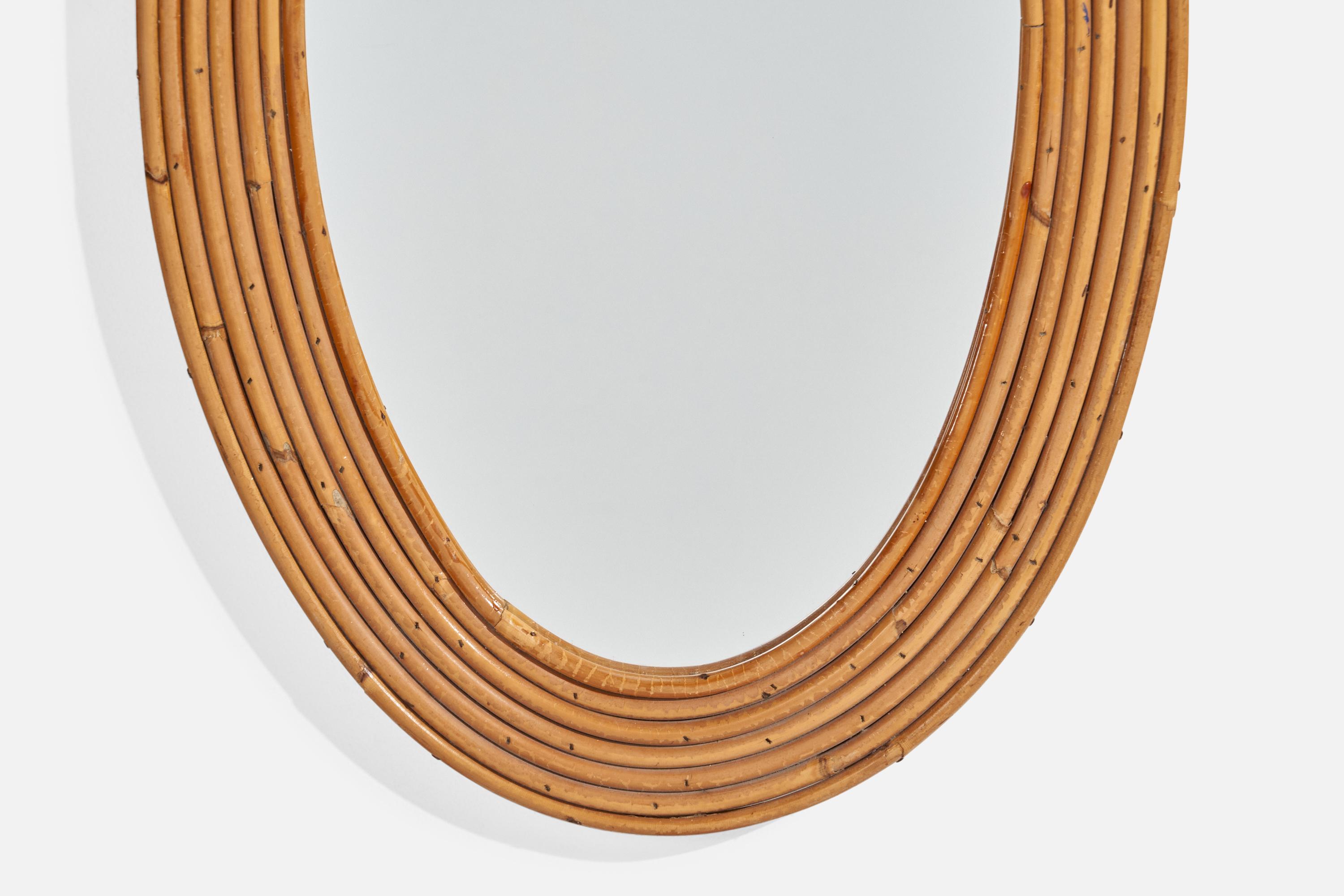 Italienischer Designer, Ovaler Wandspiegel, Bambus, Spiegel, Italien, 1950er Jahre im Angebot 1
