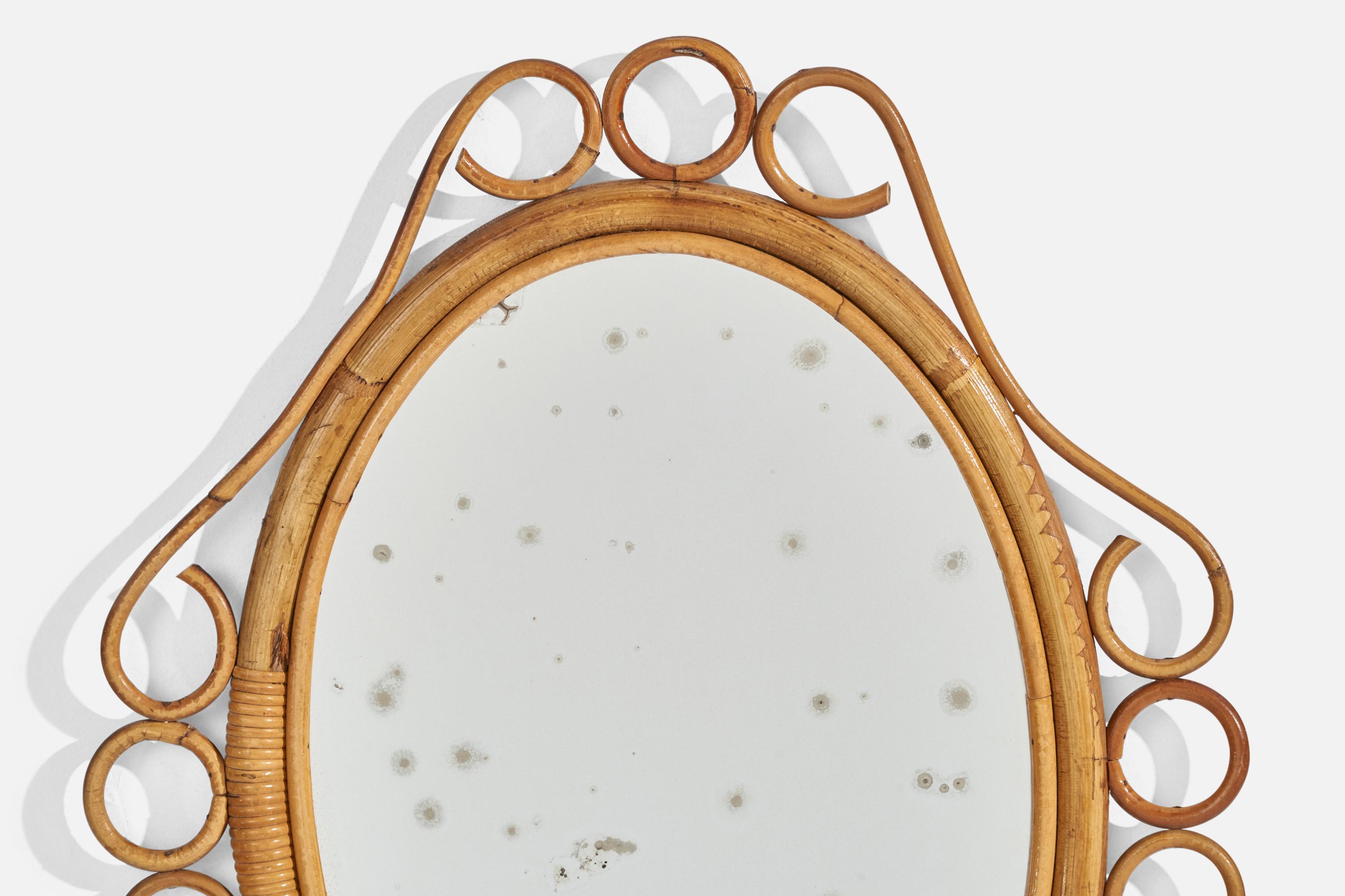 Mid-20th Century Italian Designer, Oval Wall Mirror, Bamboo, Rattan, Mirror, Italy, c. 1950s For Sale