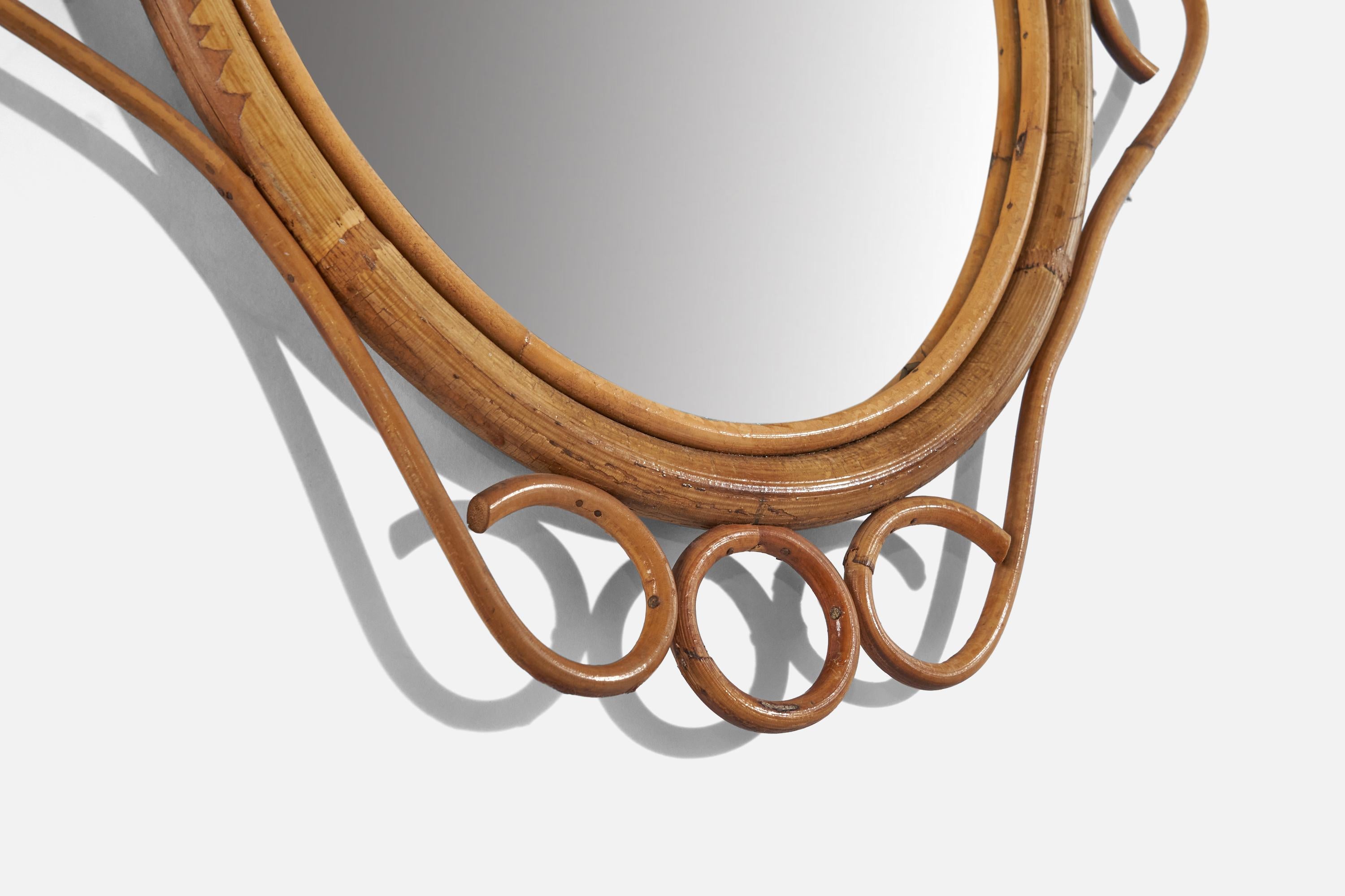 Italian Designer, Oval Wall Mirror, Bamboo, Rattan, Mirror, Italy, c. 1950s For Sale 1